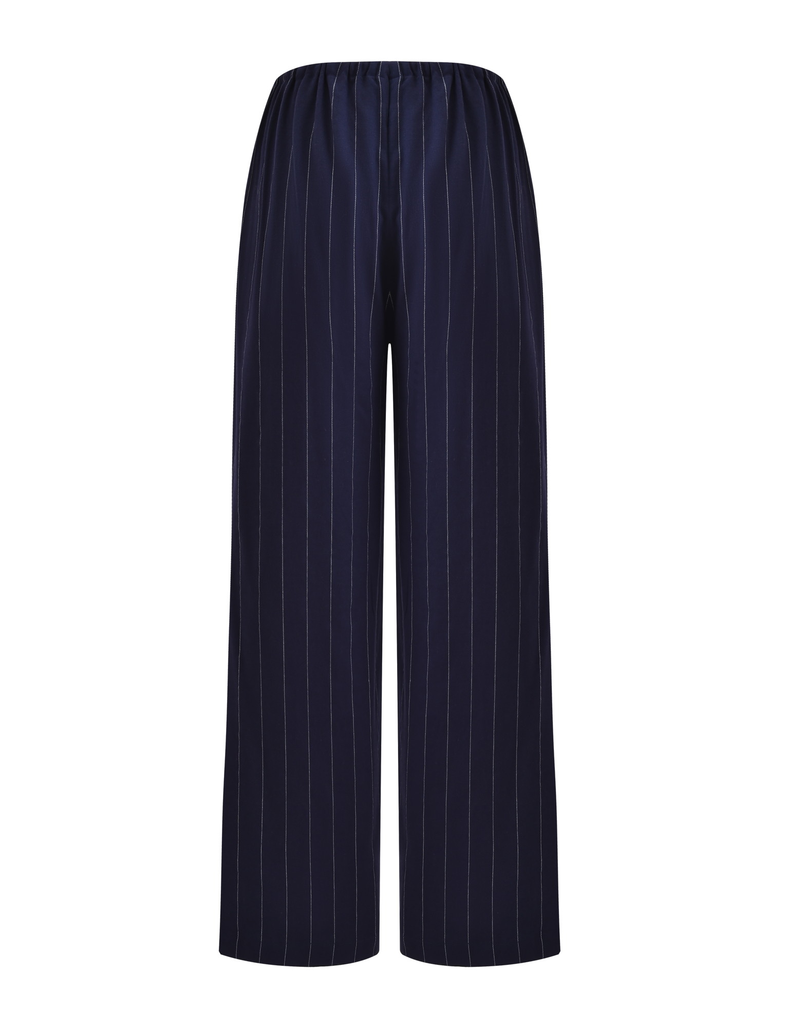 The LAINEY PANT - NAVY PINSTRIPE by TIGERMIST features a high-waisted, elasticated design with thin white vertical stripes. These wide leg linen pants blend comfort and style, shown against a white background.