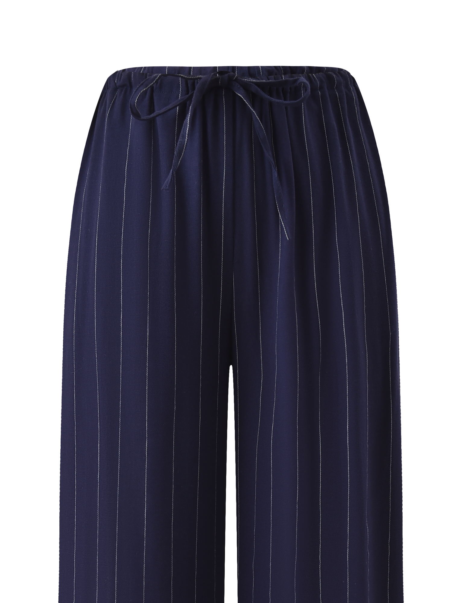 The LAINEY PANT - NAVY PINSTRIPE by TIGERMIST features a wide-leg linen silhouette, elasticated waist, and front drawstring tie for comfort and style.