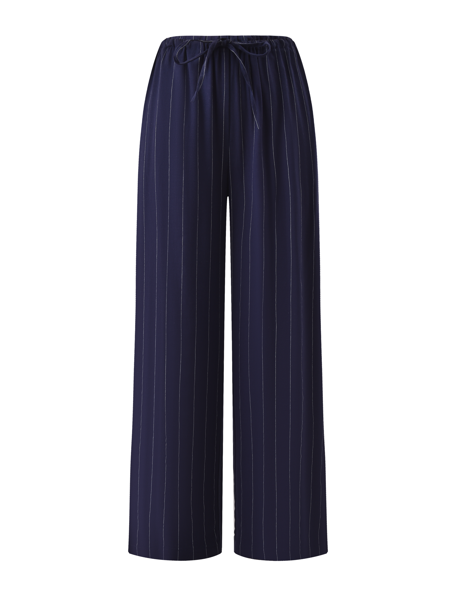 The LAINEY PANT - NAVY PINSTRIPE by TIGERMIST features a wide-leg silhouette, elasticated waist, and front drawstring for effortless style and comfort.