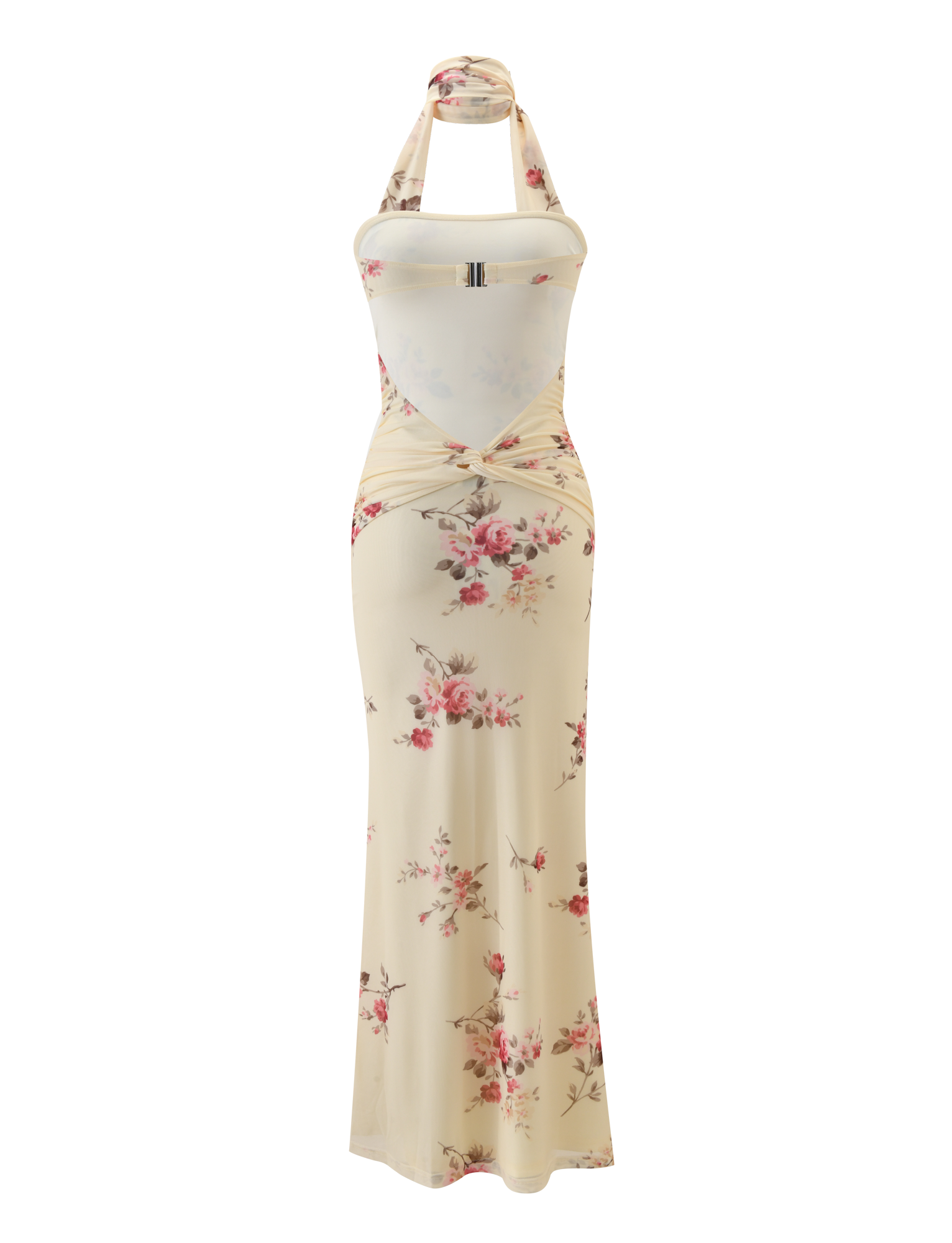 The TIGERMIST DANIELA SCARF DRESS - YELLOW FLORAL is a sleeveless, floor-length dress featuring yellow floral print, halter neckline, sheer bodice, ruched waist, open back design, and an attached matching scarf.