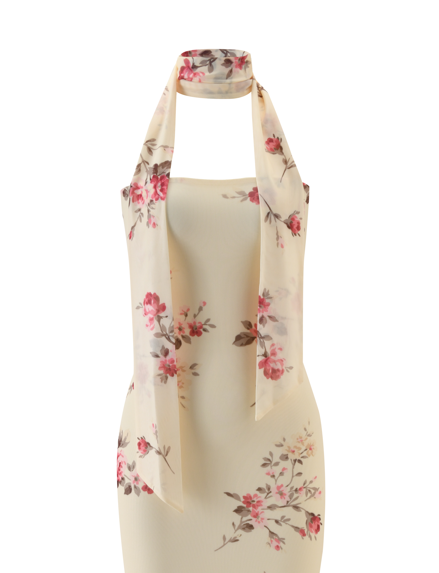 The TIGERMIST DANIELA SCARF DRESS - YELLOW FLORAL is a sleeveless open-back dress with a halter neck tie, yellow floral print, and twisted back detail, shown on a mannequin against a white background.