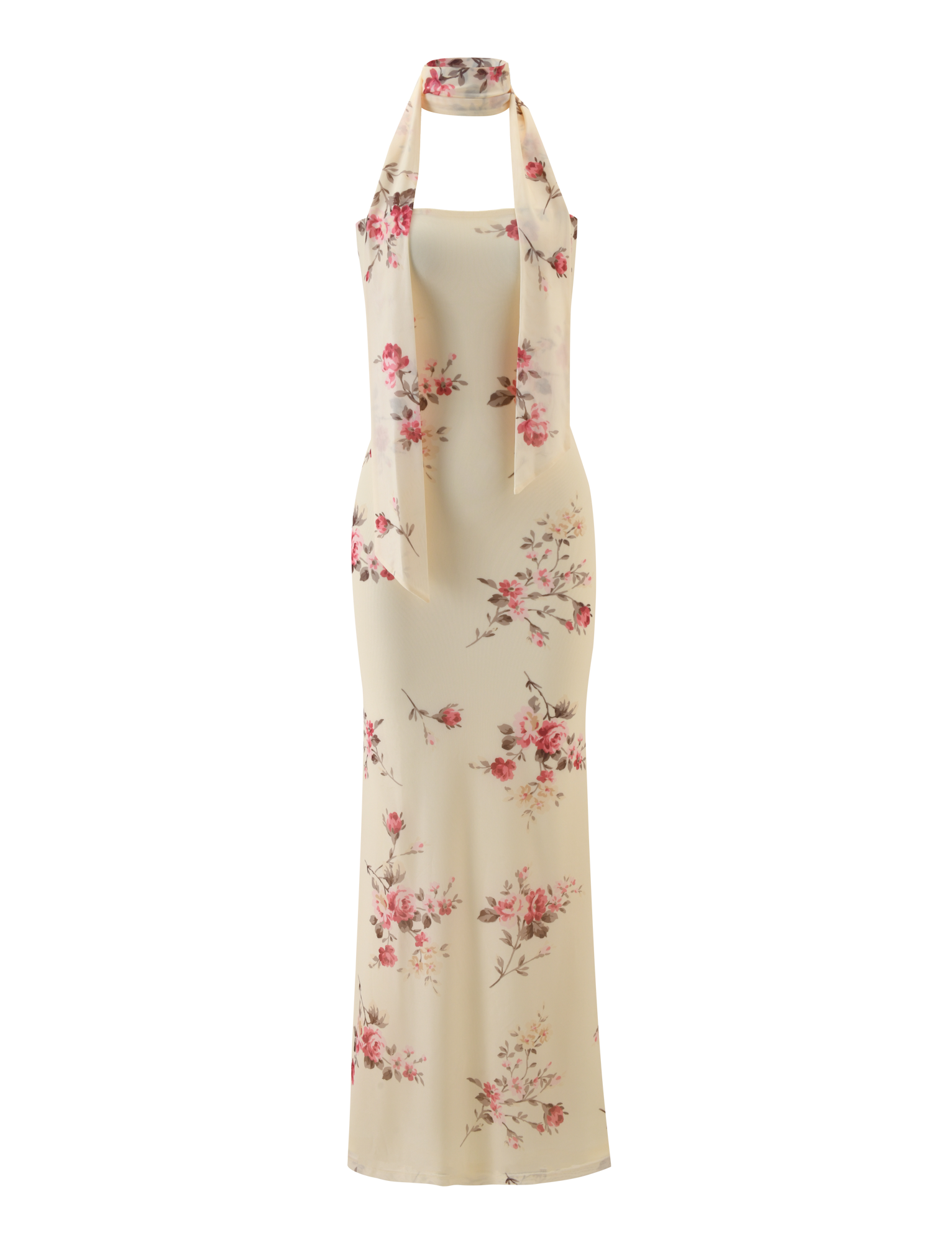 The DANIELA SCARF DRESS by TIGERMIST is a sleeveless, floor-length yellow floral dress with a halter neck, matching scarf detail, and an elegant twisted back.
