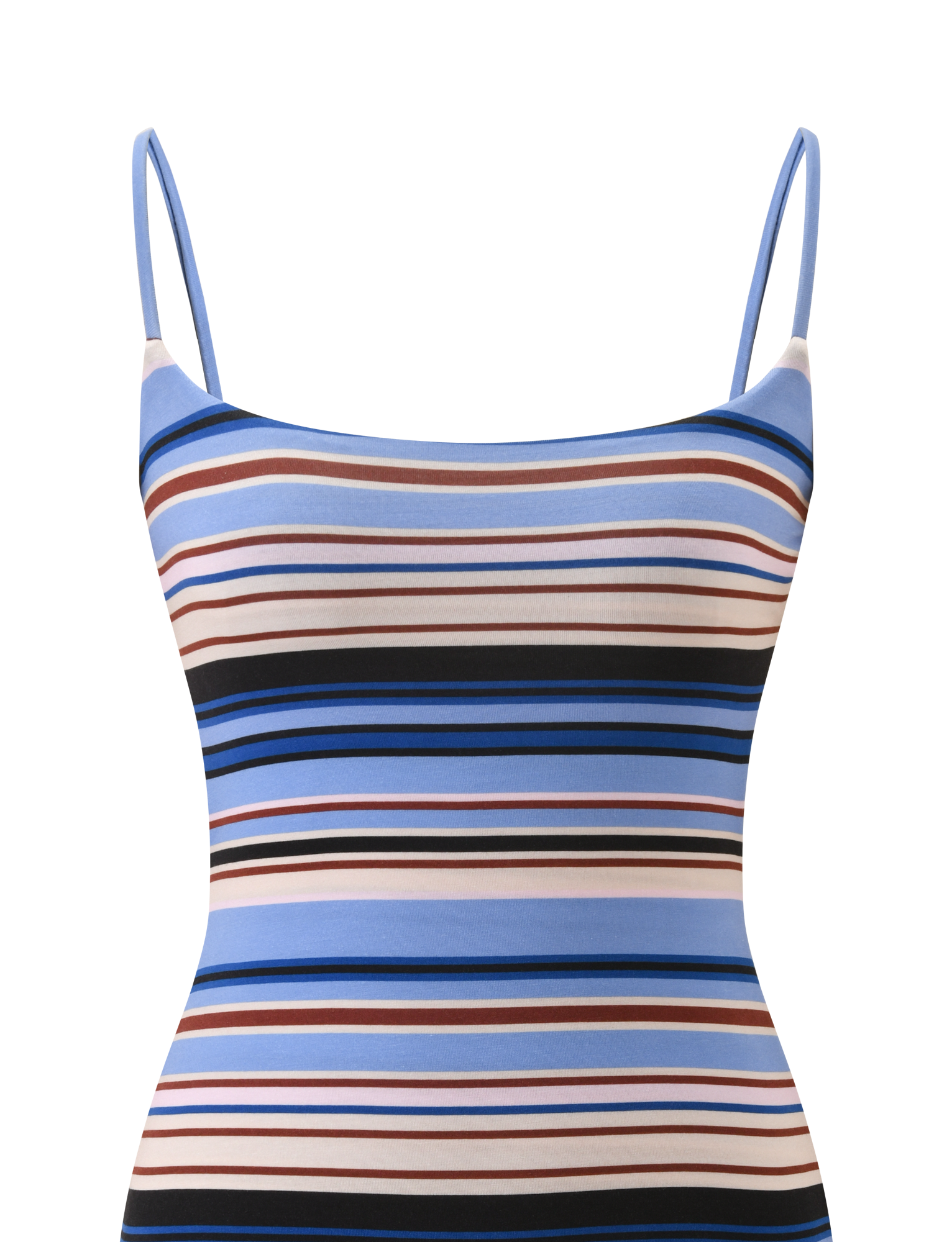 The TIGERMIST MINERVA MINI DRESS - BLUE STRIPE features adjustable shoulder straps and horizontal blue, black, brown, and white stripes on a fitted bodice, displayed against a plain white background.