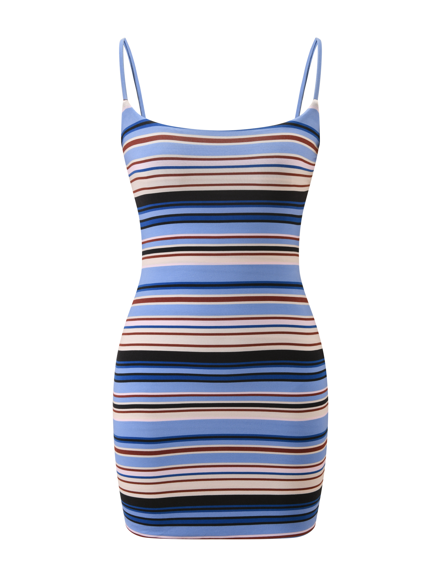 The MINERVA MINI DRESS - BLUE STRIPE by TIGERMIST is a sleeveless bodycon mini dress with adjustable straps, featuring blue, brown, black, white, and light purple stripes on a white background.
