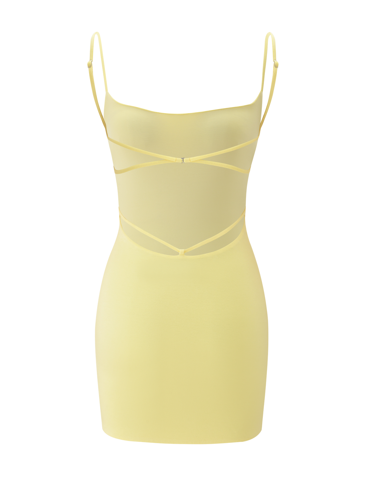The MINERVA MINI DRESS - BUTTER YELLOW by TIGERMIST is a sleeveless bodycon mini dress featuring thin spaghetti straps, crisscross detailing on the front, and a stylish cut-out back.