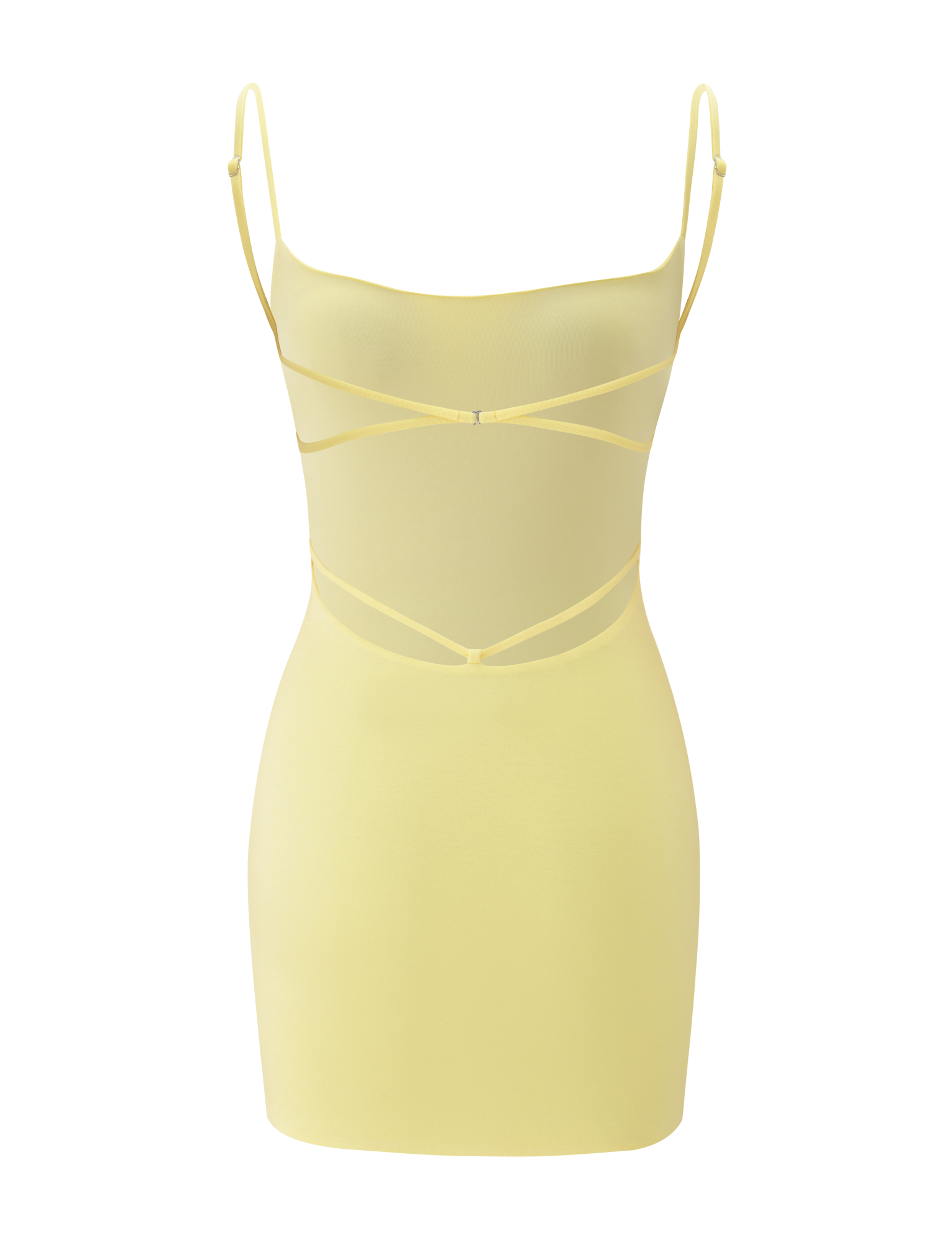 The MINERVA MINI DRESS - BUTTER YELLOW by TIGERMIST is a sleeveless bodycon mini dress featuring thin spaghetti straps, crisscross detailing on the front, and a stylish cut-out back.