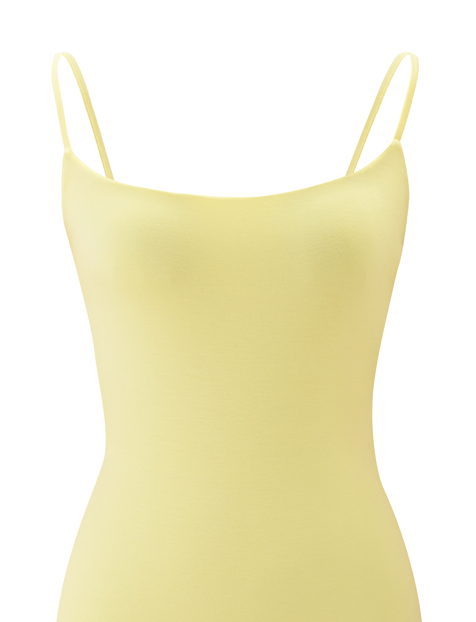 The MINERVA MINI DRESS by TIGERMIST in butter yellow is a sleeveless dress with thin spaghetti straps and a subtle cut-out back, shown against a white background.