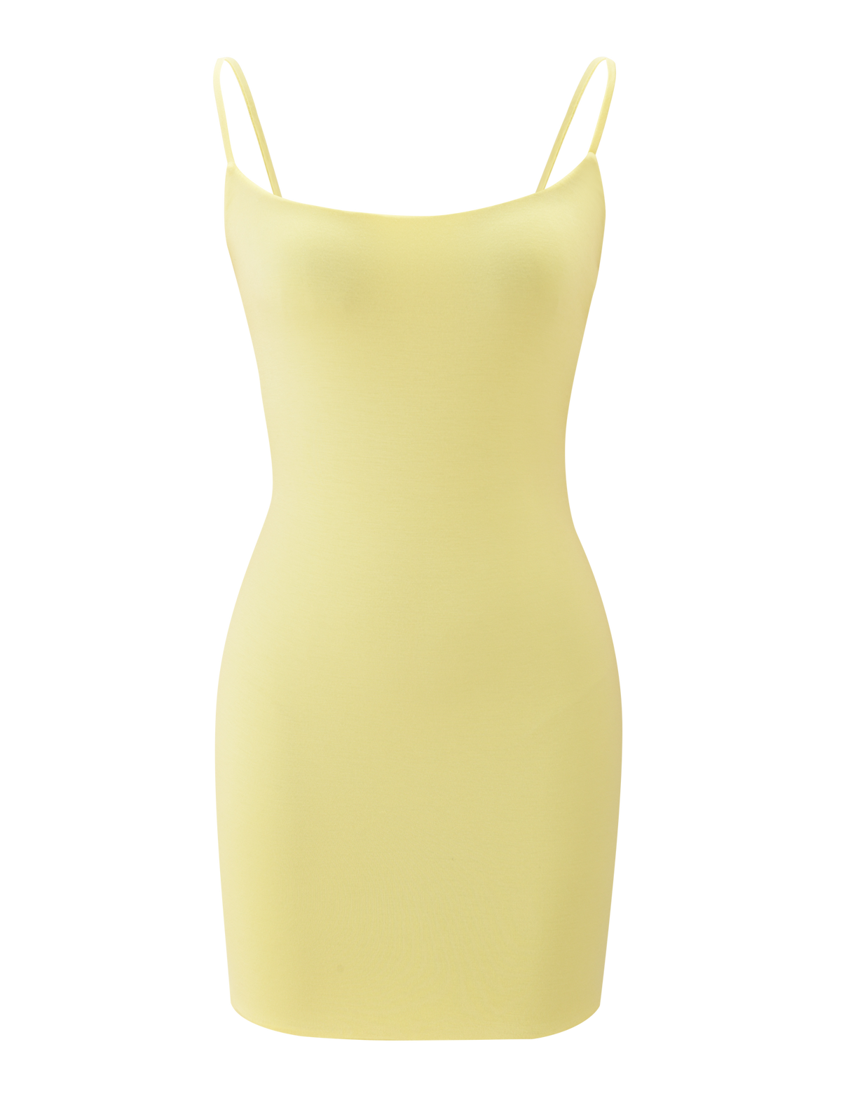 The TIGERMIST MINERVA MINI DRESS in butter yellow is a sleeveless bodycon dress with thin spaghetti straps and a chic cut-out back, shown on a plain white background.