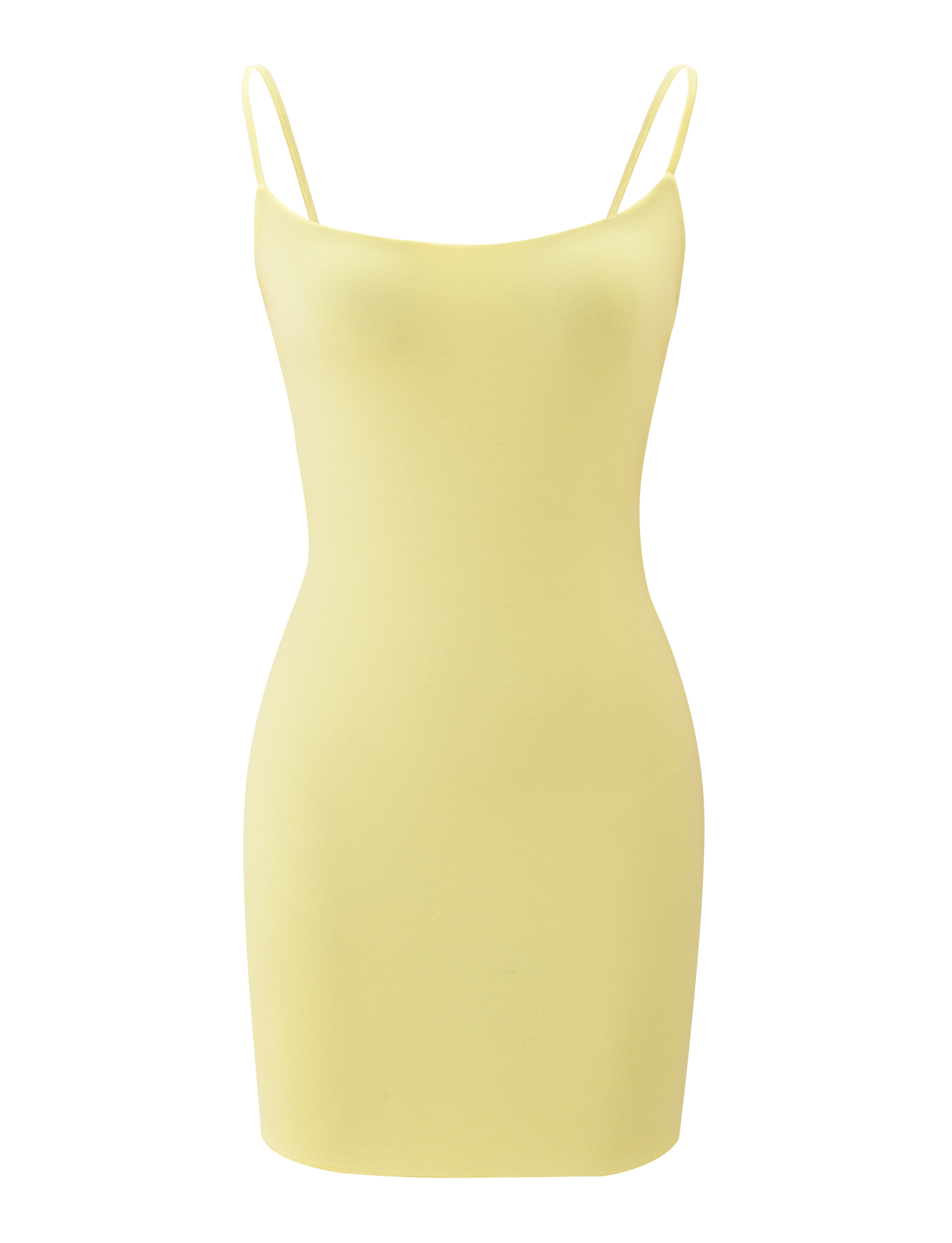 The TIGERMIST MINERVA MINI DRESS in butter yellow is a sleeveless bodycon dress with thin spaghetti straps and a chic cut-out back, shown on a plain white background.
