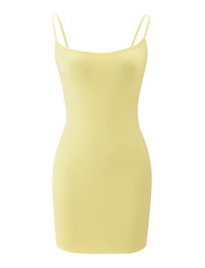The TIGERMIST MINERVA MINI DRESS in butter yellow is a sleeveless bodycon dress with thin spaghetti straps and a chic cut-out back, shown on a plain white background.