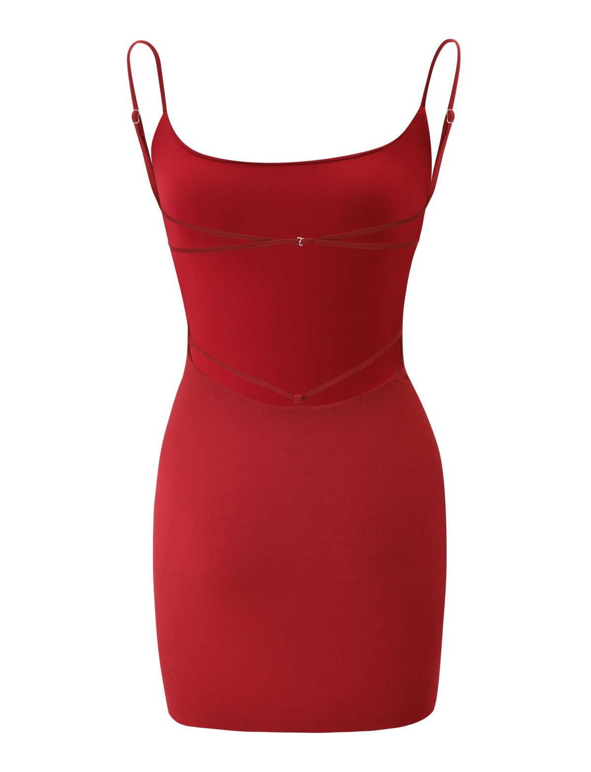 The TIGERMIST MINERVA MINI DRESS in red is a sleeveless, form-fitting bodycon mini dress with thin spaghetti straps and decorative chest and waist strap details, shown on a white background.