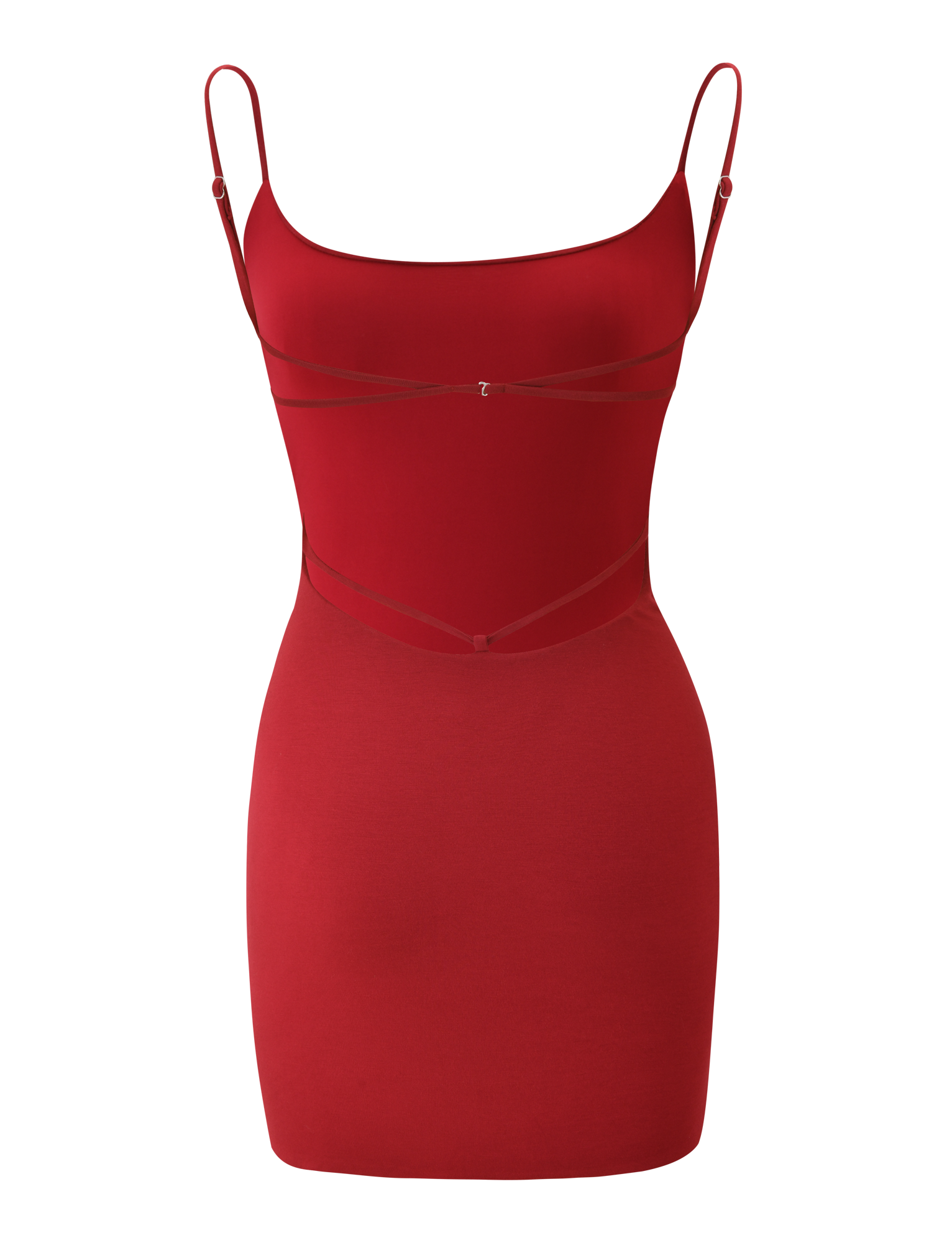 The TIGERMIST MINERVA MINI DRESS in red is a sleeveless, form-fitting bodycon mini dress with thin spaghetti straps and decorative chest and waist strap details, shown on a white background.