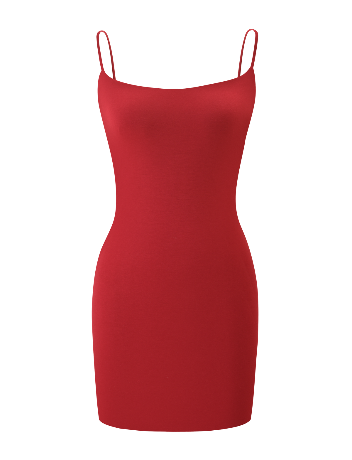 The TIGERMIST MINERVA MINI DRESS in red is a sleeveless bodycon mini featuring thin, adjustable spaghetti straps and a fitted silhouette, shown against a plain white background.