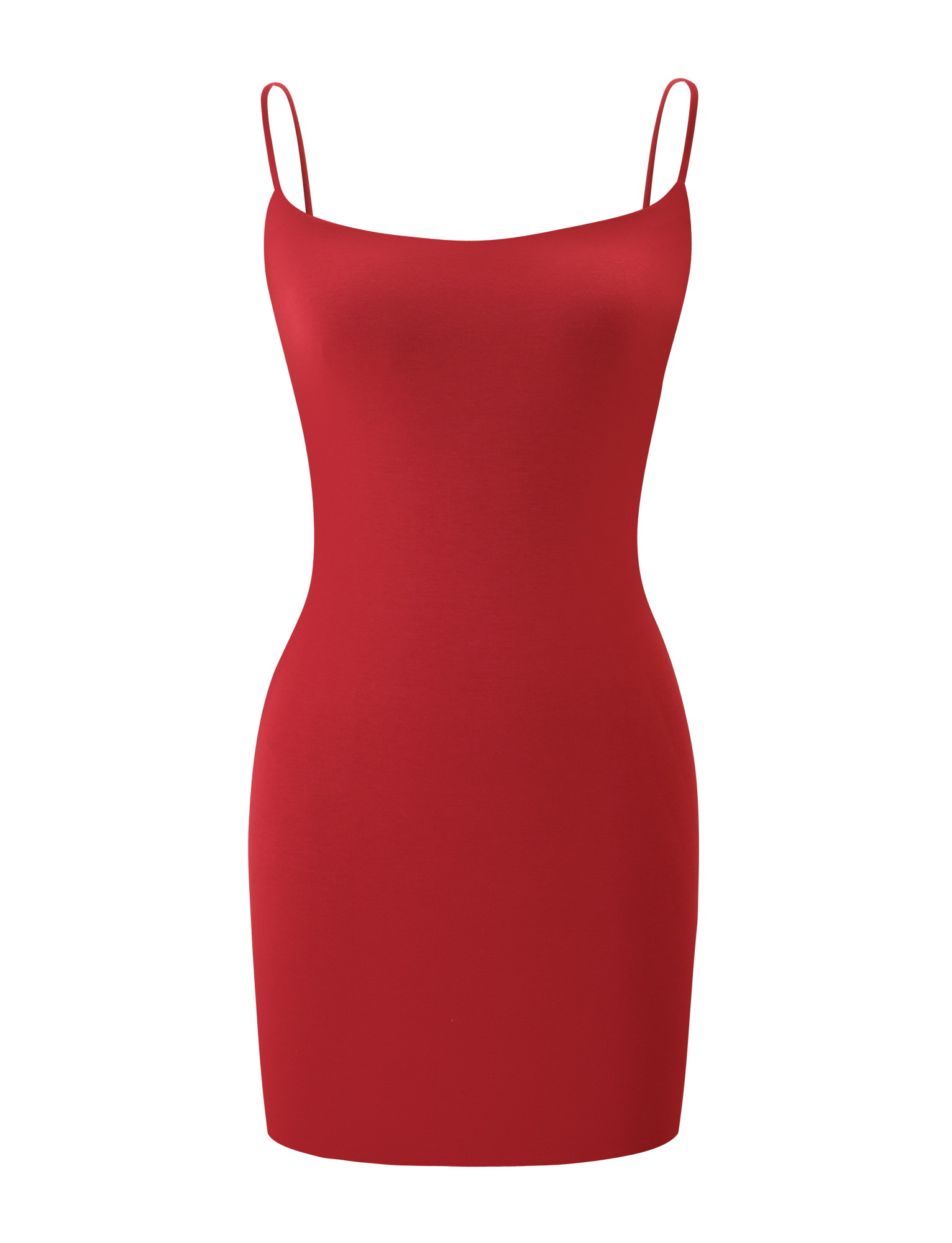 The TIGERMIST MINERVA MINI DRESS in red is a sleeveless bodycon mini featuring thin, adjustable spaghetti straps and a fitted silhouette, shown against a plain white background.