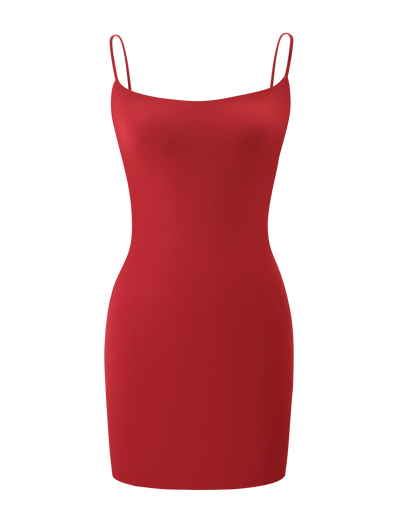 The TIGERMIST MINERVA MINI DRESS in red is a sleeveless bodycon mini featuring thin, adjustable spaghetti straps and a fitted silhouette, shown against a plain white background.