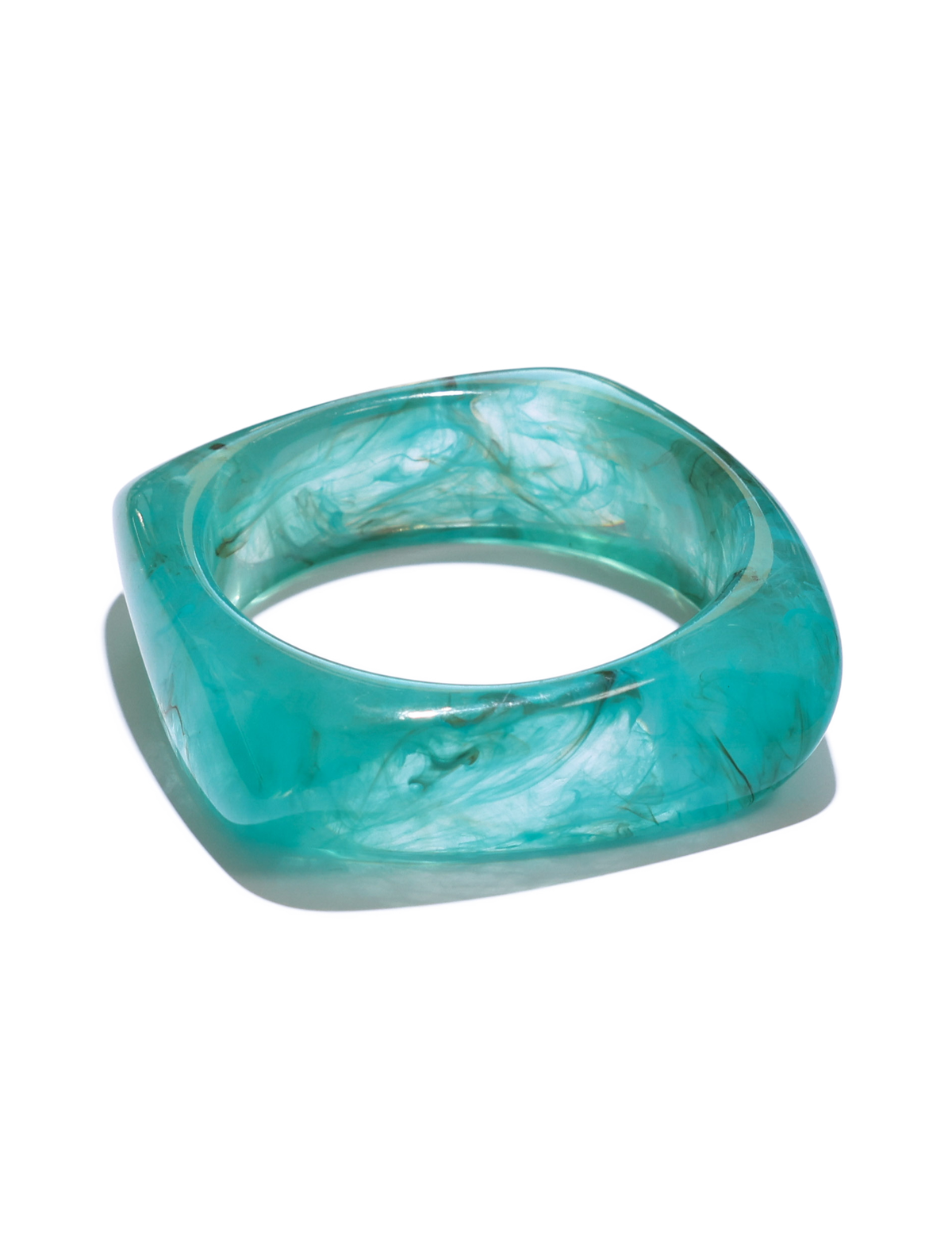 The TIGERMIST TIA CHUNKY 2PC RESIN BANGLE SET features cream and blue resin bangles with a marbled finish and rounded-square shape, shown on a white background.