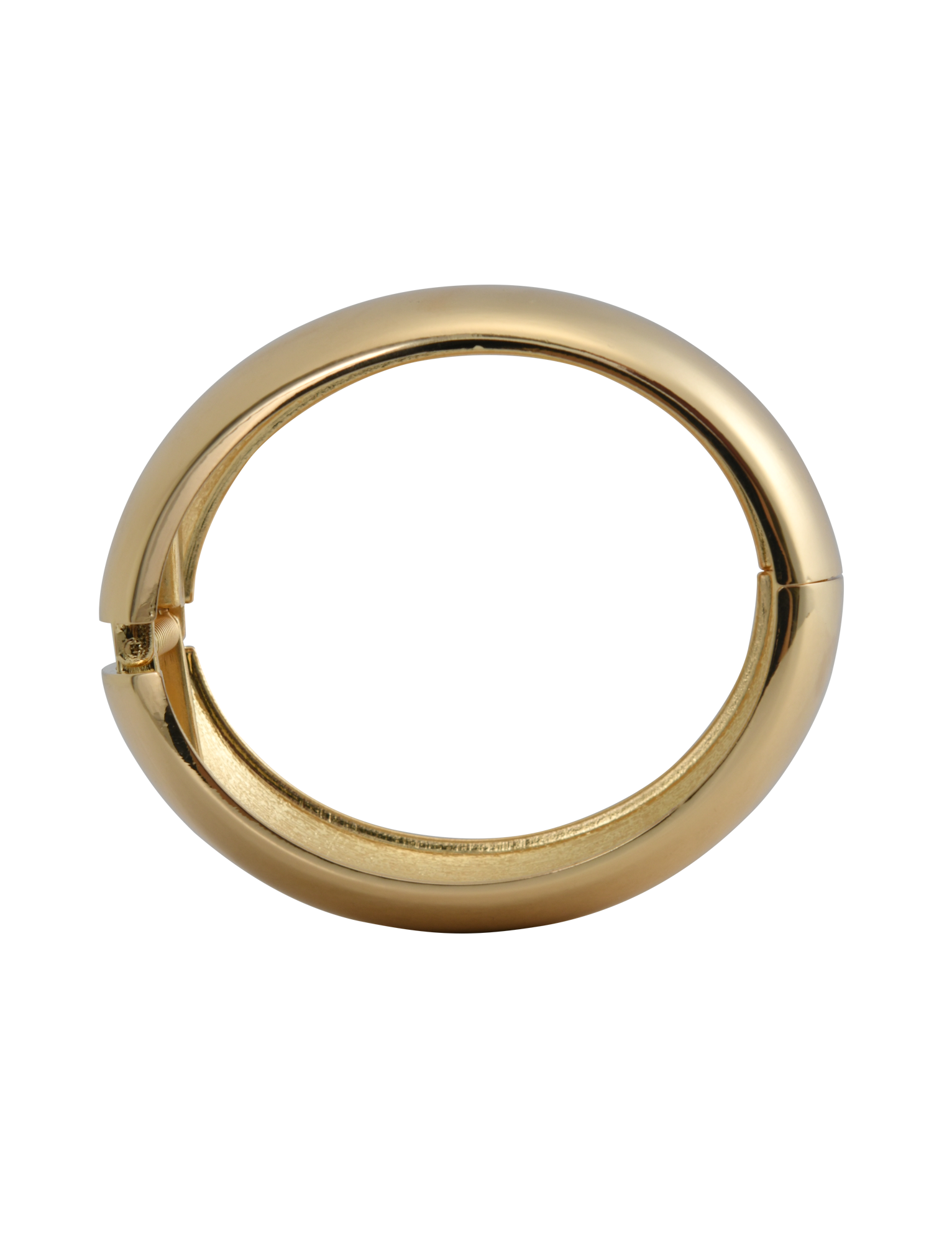 A close-up of a gold hoop earring with a smooth, rounded design and hinged clasp, set against a neutral background—ideal for pairing with the TIGERMIST MIRAH CHUNKY BANGLE - GOLD.