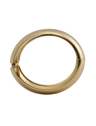 A close-up of a gold hoop earring with a smooth, rounded design and hinged clasp, set against a neutral background—ideal for pairing with the TIGERMIST MIRAH CHUNKY BANGLE - GOLD.