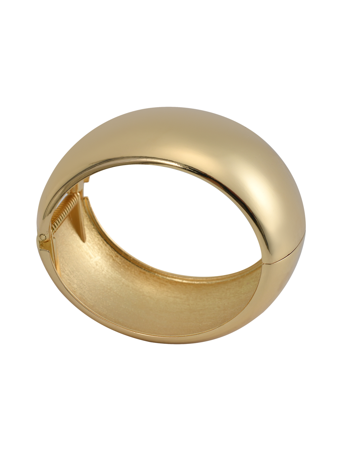 The TIGERMIST MIRAH CHUNKY BANGLE - GOLD features a smooth, shiny, domed gold cuff design with a hinge clasp, shown on a white background.