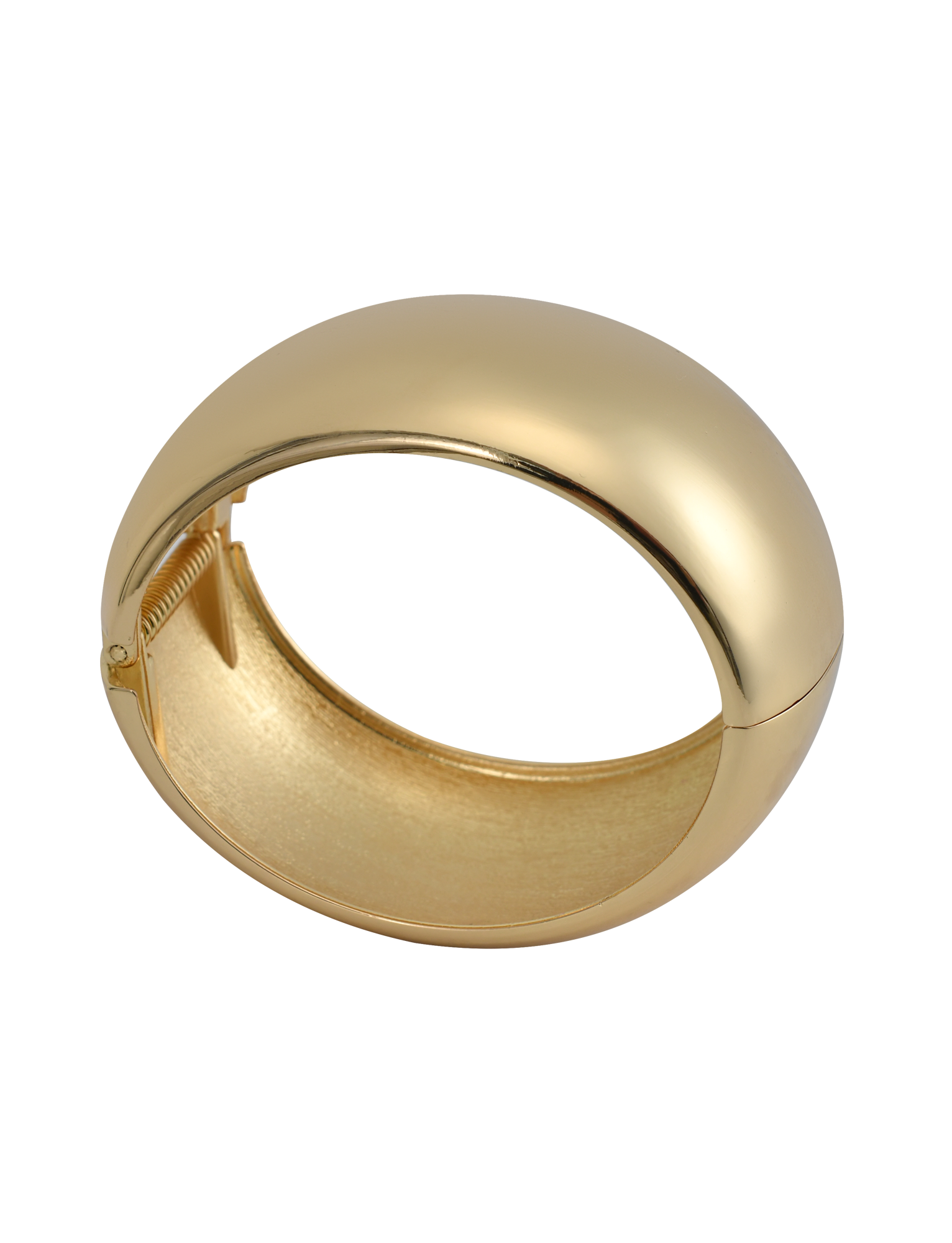 The TIGERMIST MIRAH CHUNKY BANGLE - GOLD features a smooth, shiny, domed gold cuff design with a hinge clasp, shown on a white background.