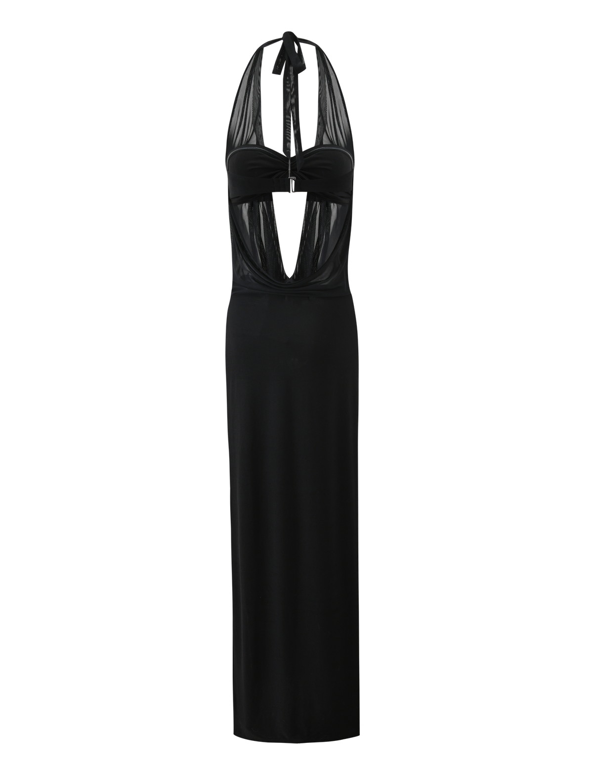 The TIGERMIST MAKENA TWO-PIECE MAXI DRESS in black features a sleeveless halter neck, sheer mesh fabric, keyhole front cutout, and a form-fitting, floor-length skirt.