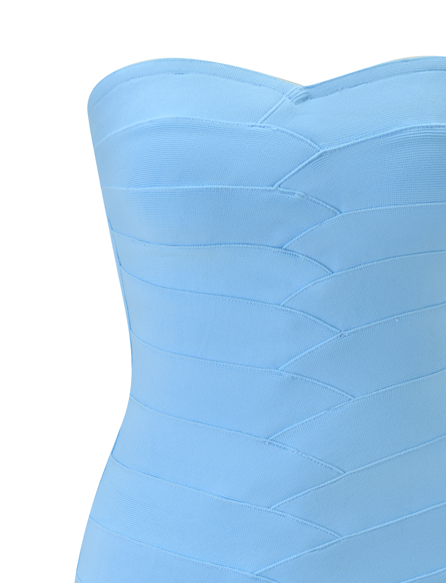 A close-up of the TIGERMIST NIYA BANDAGE DRESS in blue, showcasing its strapless, fitted bandage design with a sweetheart neckline and angular overlapping patterns.