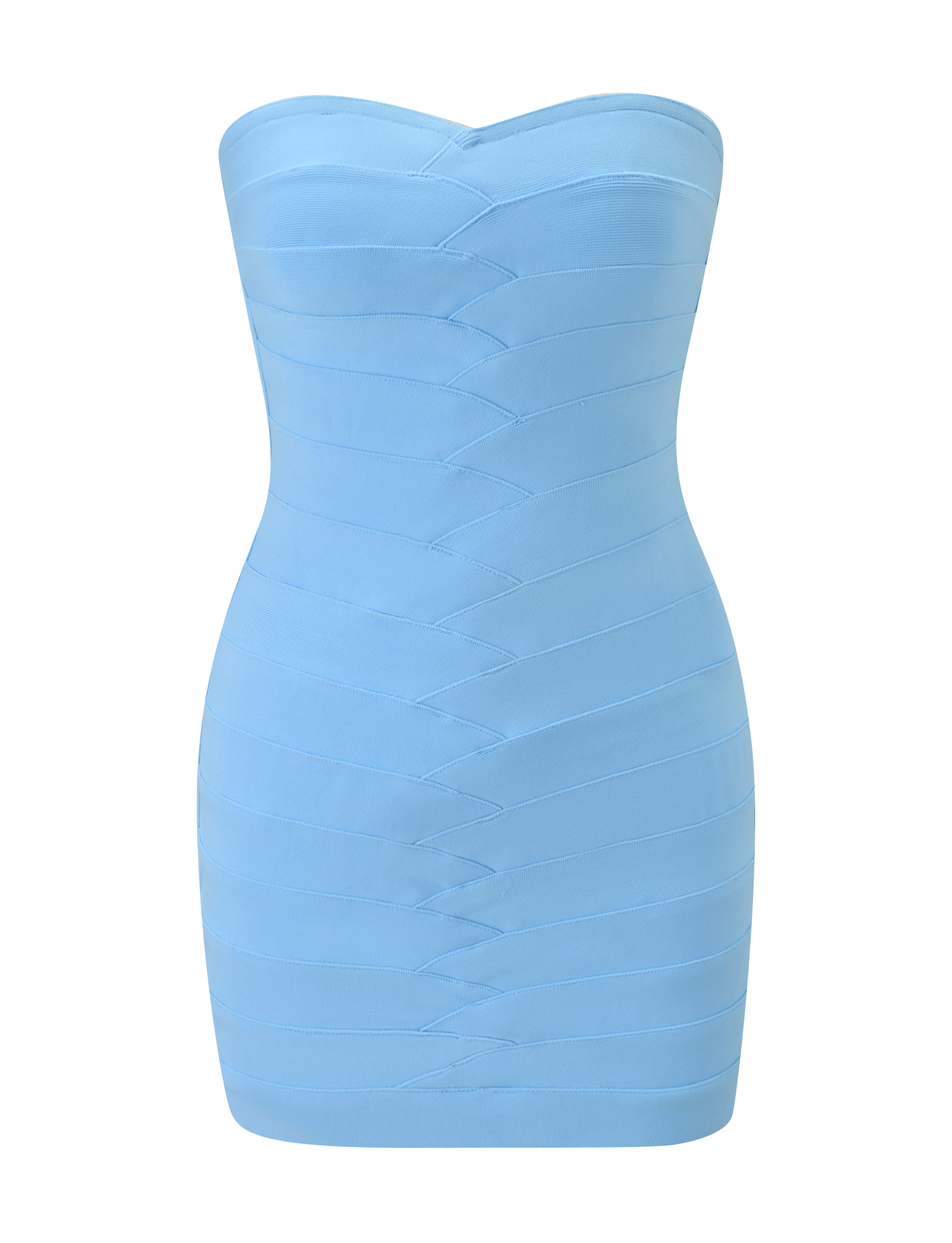 The TIGERMIST NIYA BANDAGE DRESS in blue features a strapless sweetheart neckline, subtle geometric bandage pattern, and bodycon mini silhouette, shown against a plain white background.