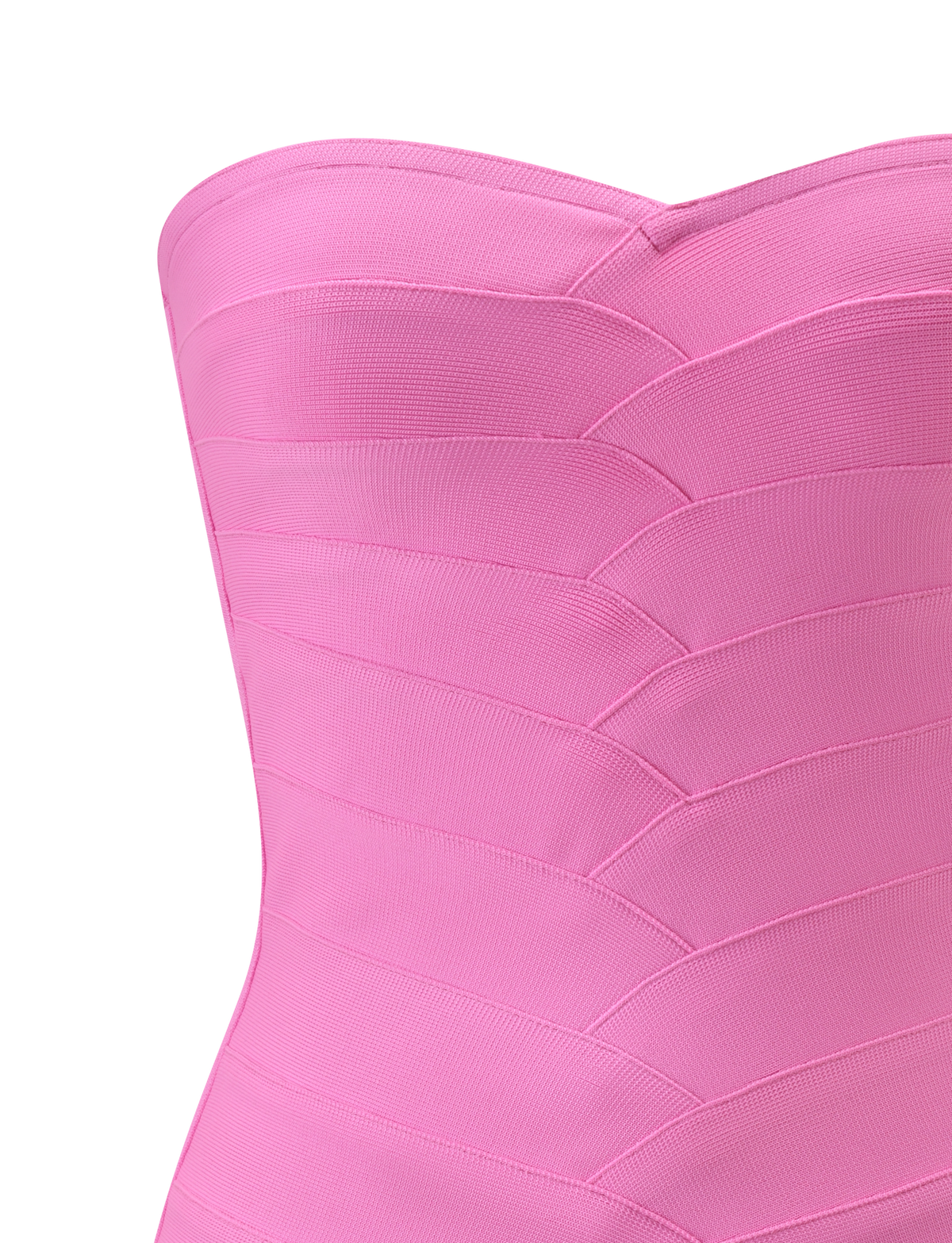 Close-up of the TIGERMIST NIYA BANDAGE MINI DRESS in bright pink, showcasing its strapless sweetheart neckline and fitted bodycon silhouette against a plain white background. This mini dress features a textured, geometric pattern created by overlapping fabric bands.