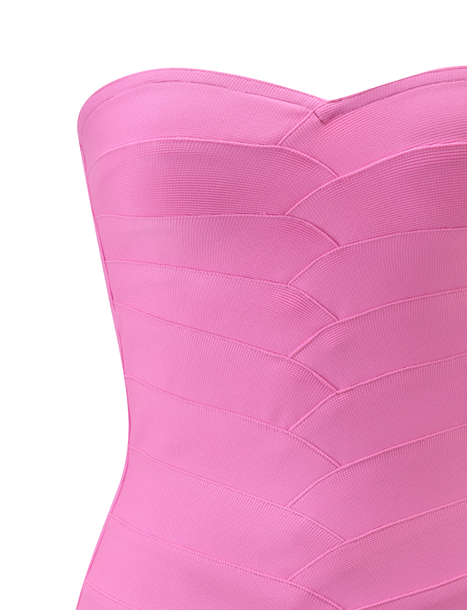 Close-up of the TIGERMIST NIYA BANDAGE DRESS in pink, featuring a strapless sweetheart neckline and form-fitting horizontal and diagonal panel details, set against a plain light background.