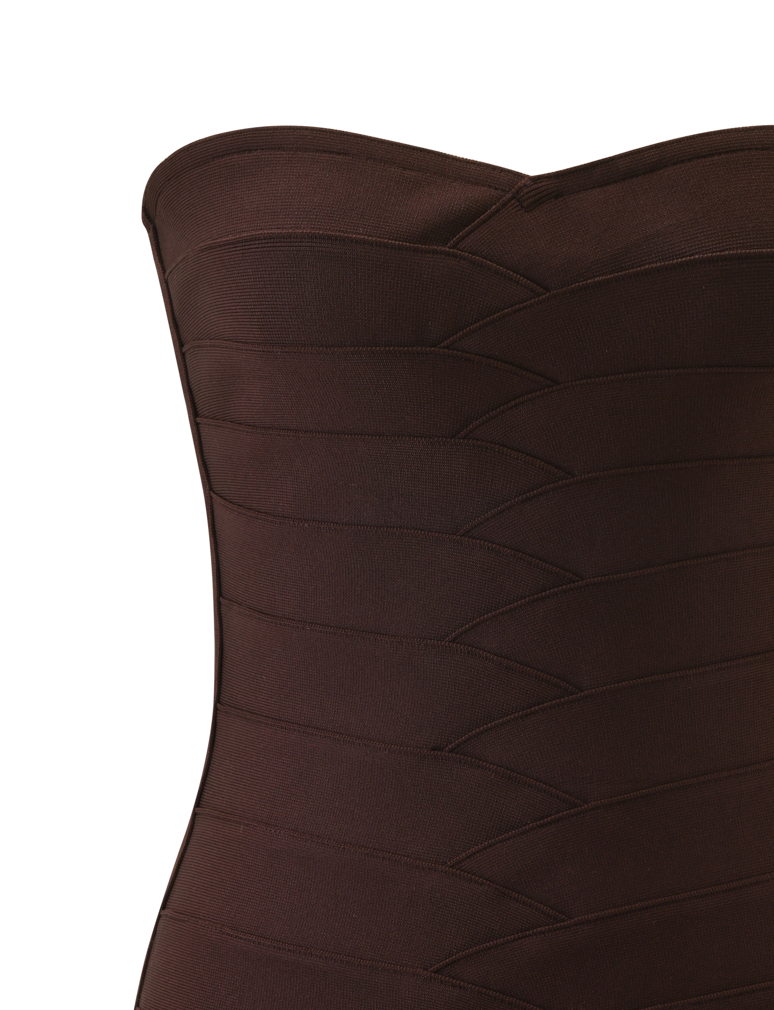 Close-up of the TIGERMIST NIYA BANDAGE DRESS in chocolate, featuring a strapless, textured geometric panel design and a flattering sweetheart neckline against a plain white background.
