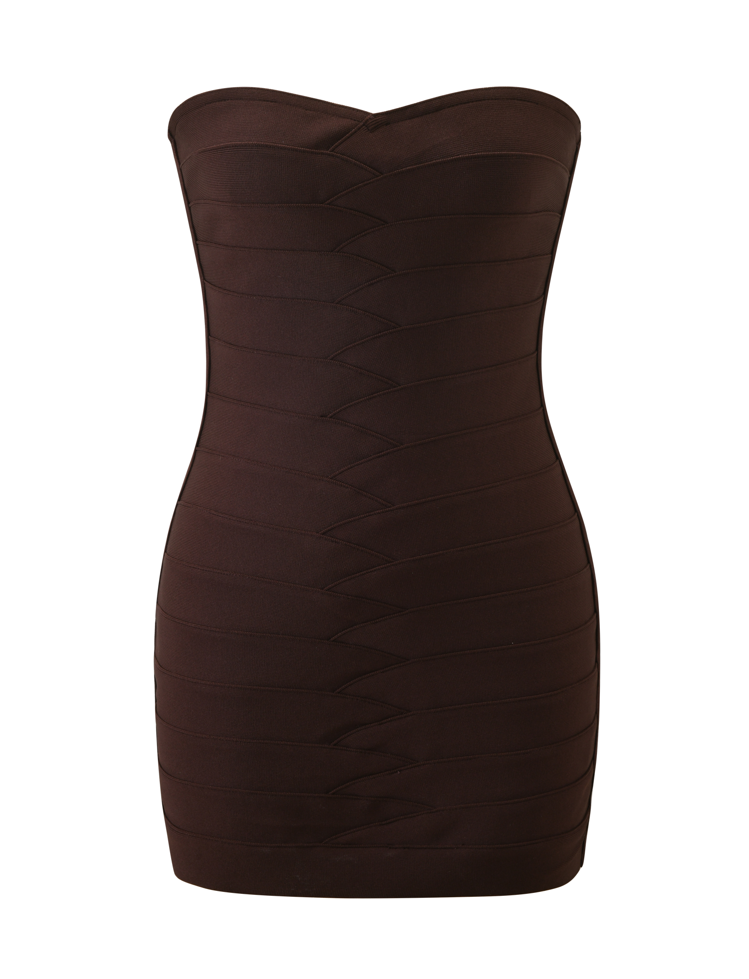 The NIYA BANDAGE DRESS - CHOCOLATE by TIGERMIST is a strapless, dark brown bodycon mini with diagonal bandage panels and a sweetheart neckline, shown on a plain white background.