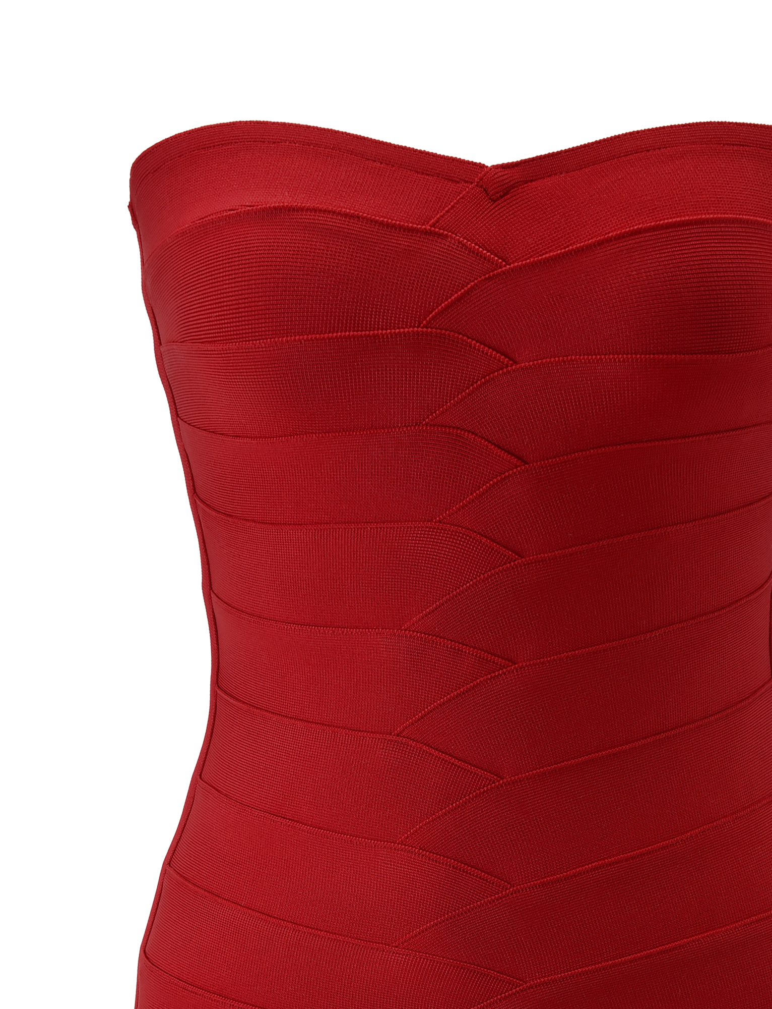 A close-up of the TIGERMIST NIYA BANDAGE DRESS in red, showcasing its strapless sweetheart neckline, textured geometric pattern, and form-fitting bandage knit design against a white background.