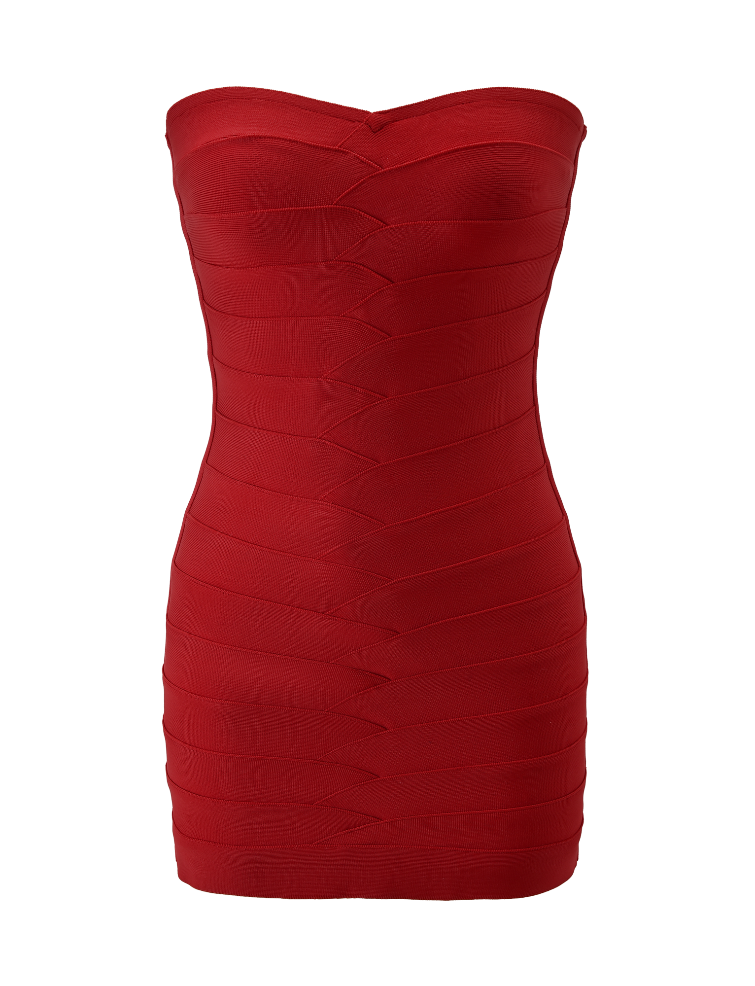 The NIYA BANDAGE DRESS - RED by TIGERMIST features a strapless sweetheart neckline and a form-fitting bandage knit with textured horizontal and diagonal lines, showcased against a plain white background.
