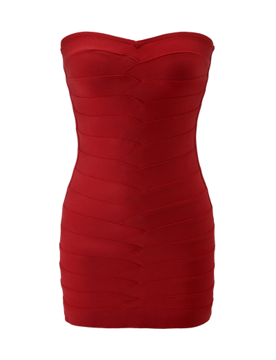 The NIYA BANDAGE DRESS - RED by TIGERMIST features a strapless sweetheart neckline and a form-fitting bandage knit with textured horizontal and diagonal lines, showcased against a plain white background.