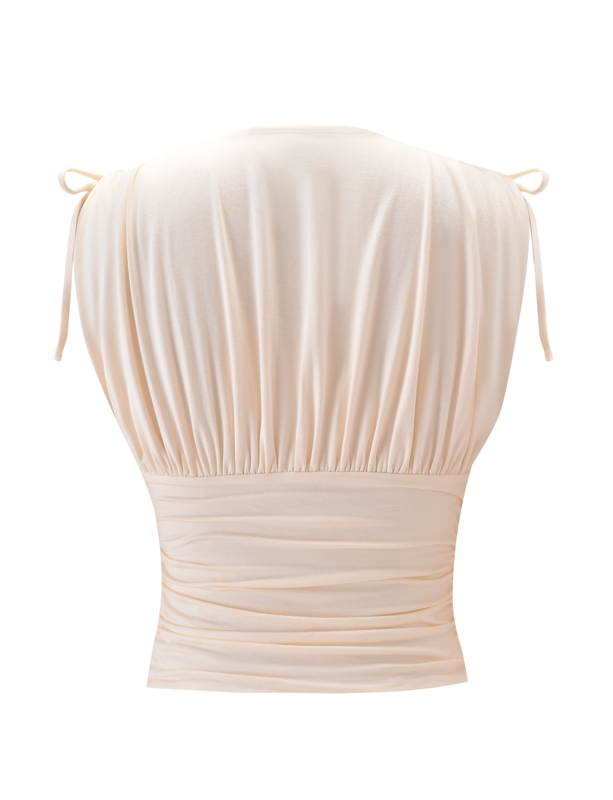 The HALONA TOP - CREAM by TIGERMIST features a sleeveless back view, adjustable shoulder ties, gathered fabric at the shoulders and waist, and a soft, elegant drape.