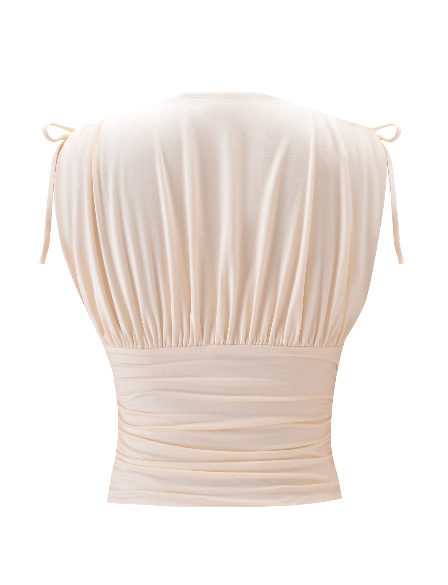 The HALONA TOP - CREAM by TIGERMIST features a sleeveless back view, adjustable shoulder ties, gathered fabric at the shoulders and waist, and a soft, elegant drape.