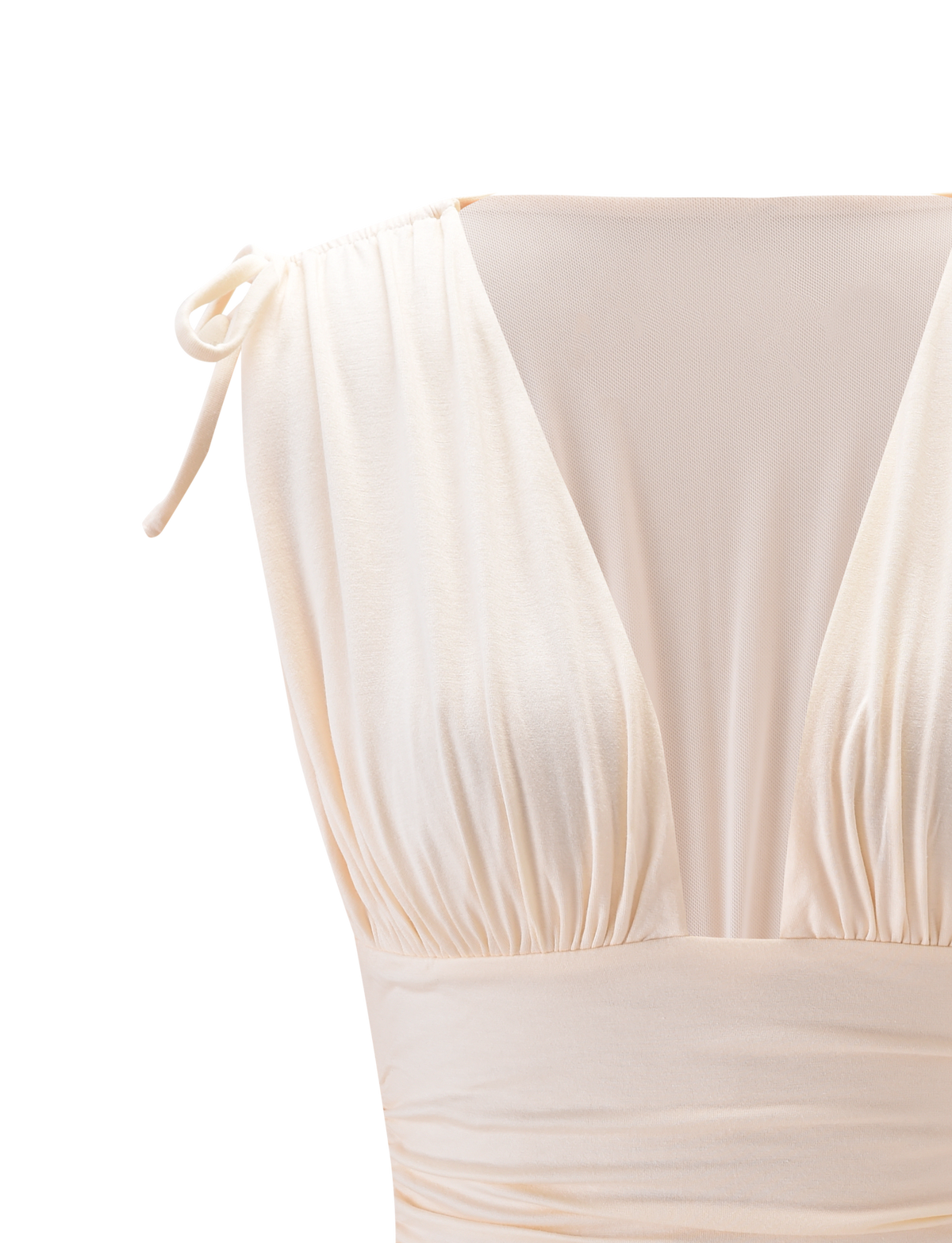 Close-up of the HALONA TOP - CREAM by TIGERMIST, featuring a sleeveless design with a plunging bodice, gathered bust, sheer mesh chest panel, and chic adjustable shoulder ties.