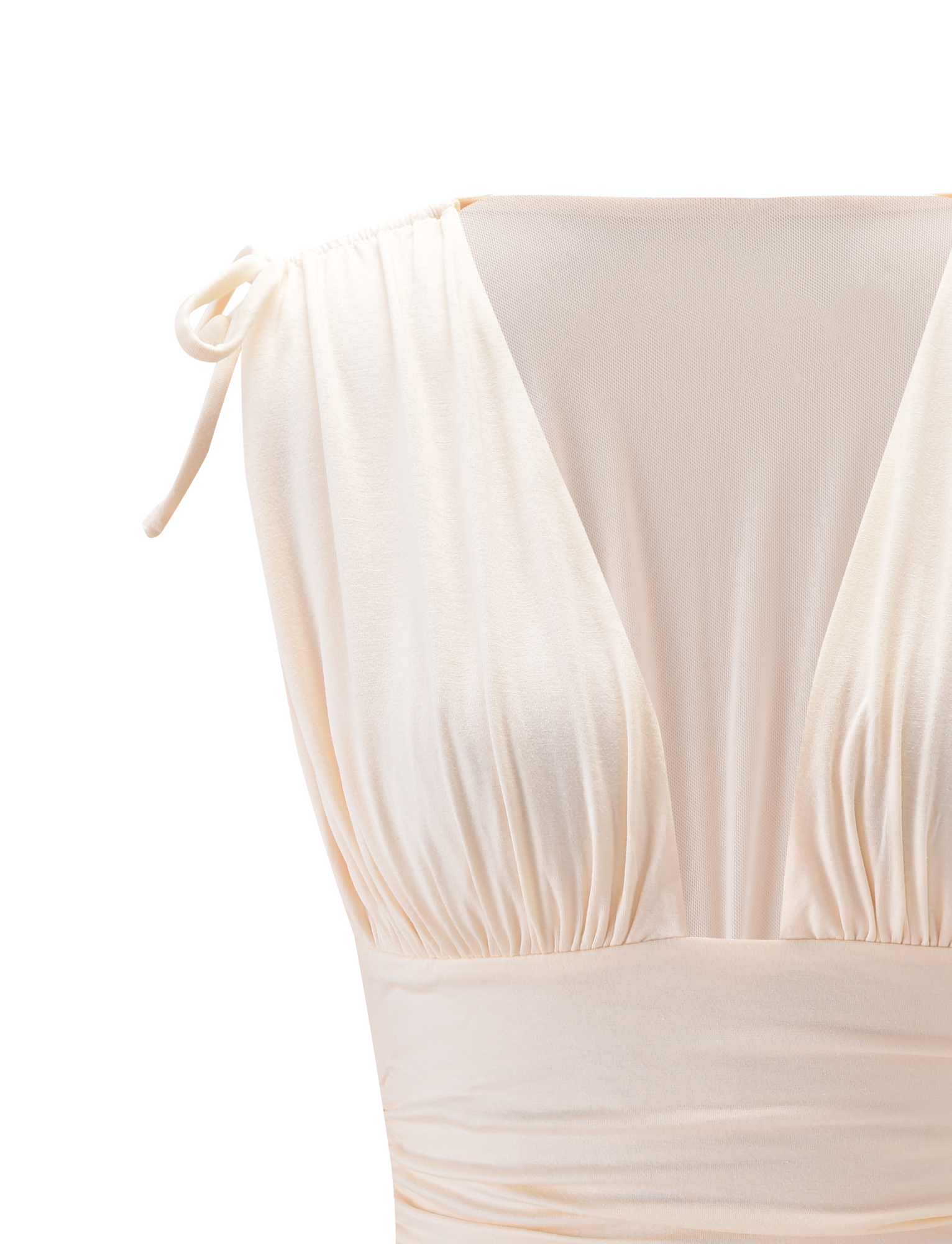 Close-up of the HALONA TOP - CREAM by TIGERMIST, featuring a sleeveless design with a plunging bodice, gathered bust, sheer mesh chest panel, and chic adjustable shoulder ties.