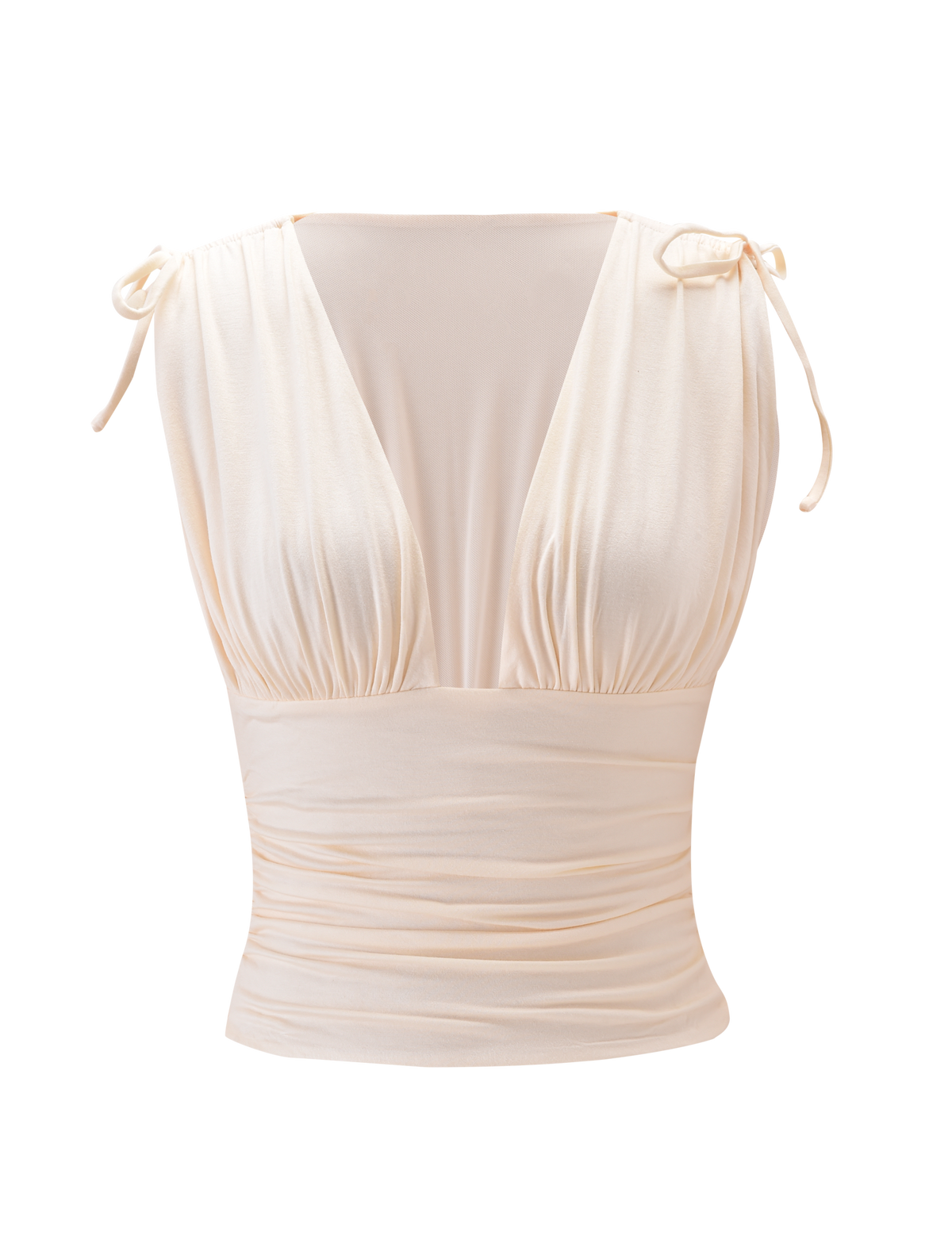 The HALONA TOP - CREAM by TIGERMIST features a sleeveless design, deep V-neckline, gathered bust, wide waistband, and adjustable shoulder ties for a custom fit, shown against a plain white background.