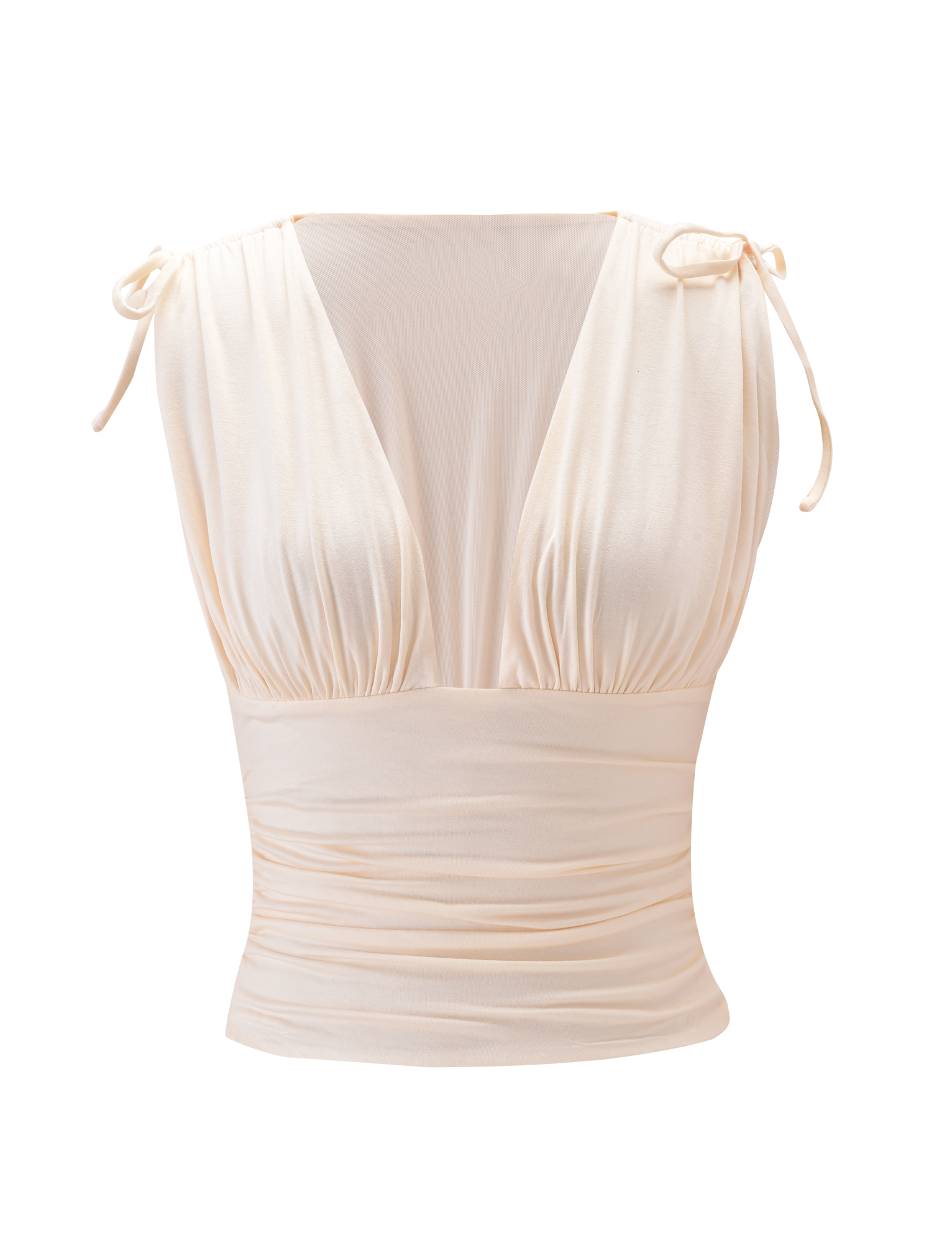 The HALONA TOP - CREAM by TIGERMIST features a sleeveless design, deep V-neckline, gathered bust, wide waistband, and adjustable shoulder ties for a custom fit, shown against a plain white background.