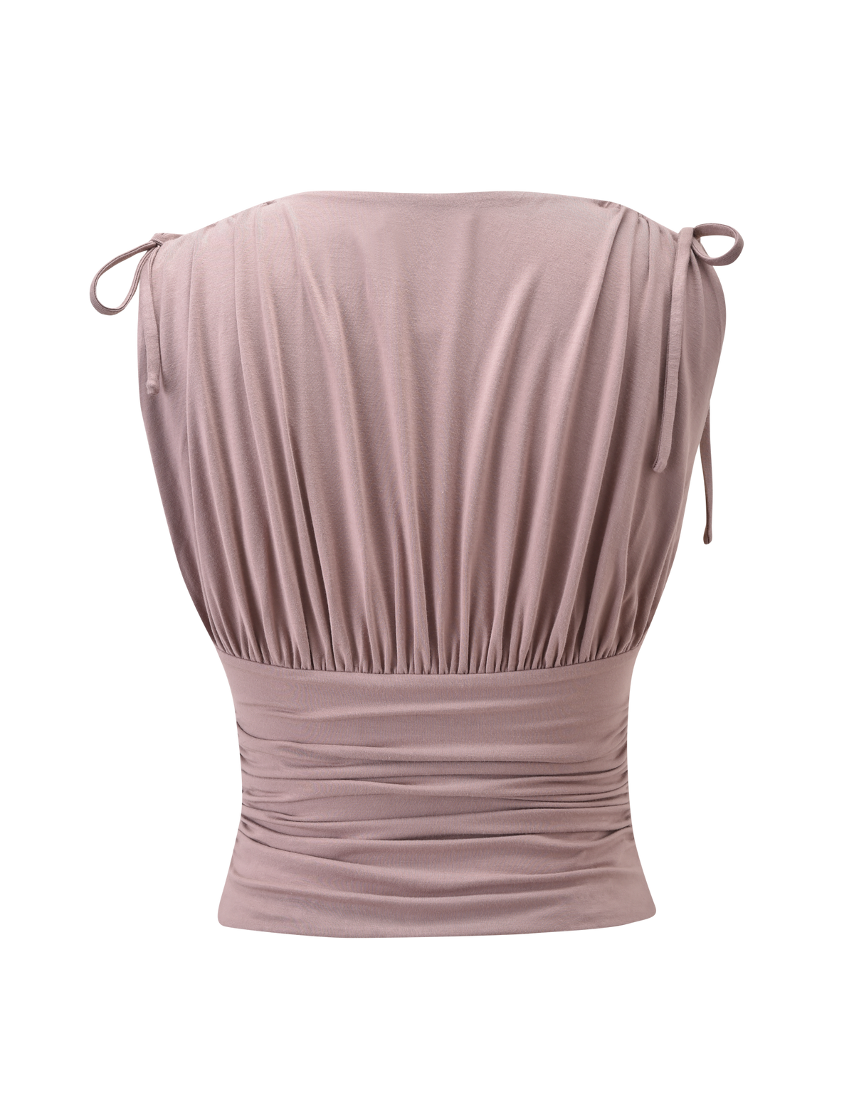 The HALONA TOP - MOCHA by TIGERMIST is a light mauve sleeveless blouse with adjustable shoulder ties, gathered fabric, ruched waist detail, and a fitted, stretchy lower section. Shown on a plain white background.