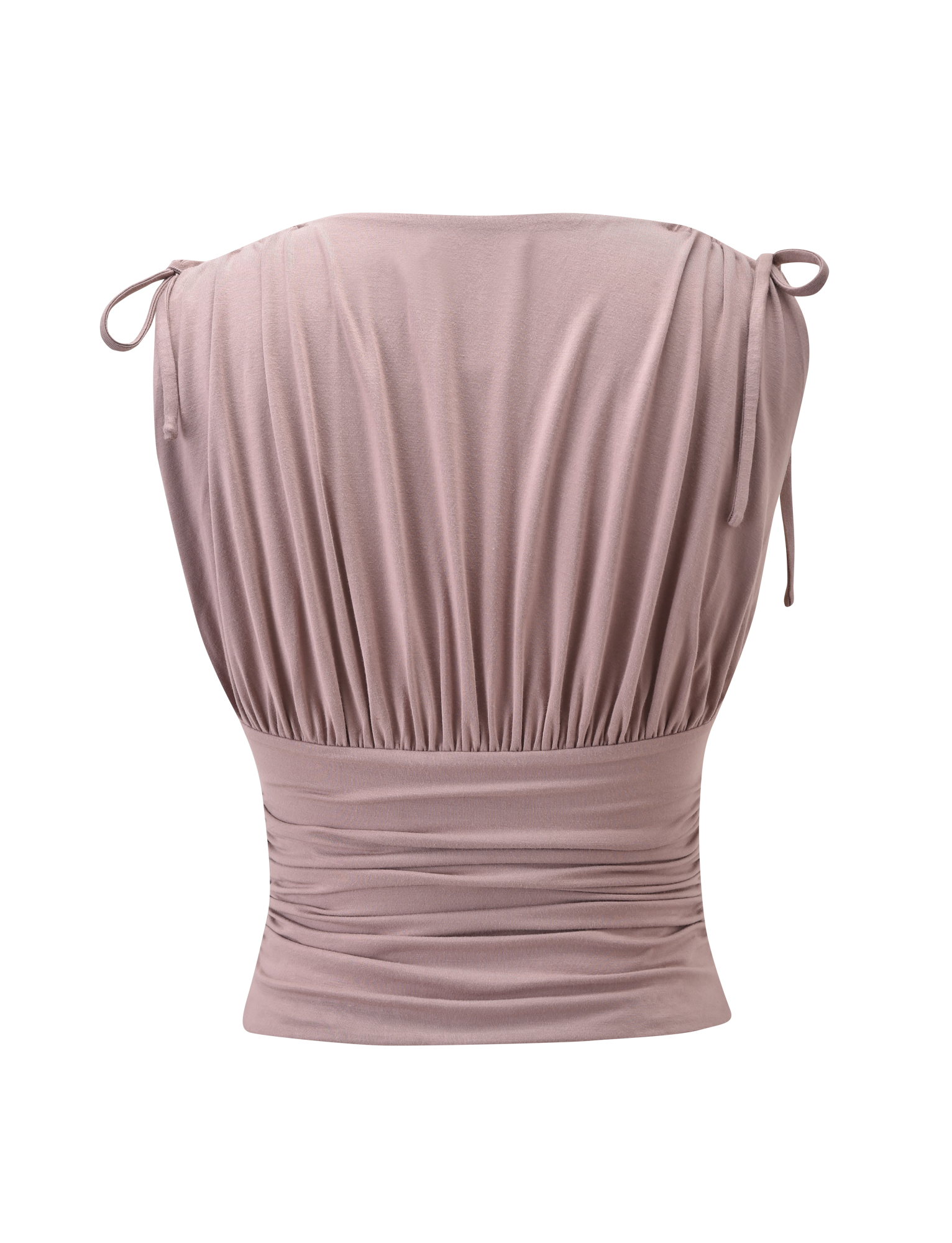 The HALONA TOP - MOCHA by TIGERMIST is a light mauve sleeveless blouse with adjustable shoulder ties, gathered fabric, ruched waist detail, and a fitted, stretchy lower section. Shown on a plain white background.