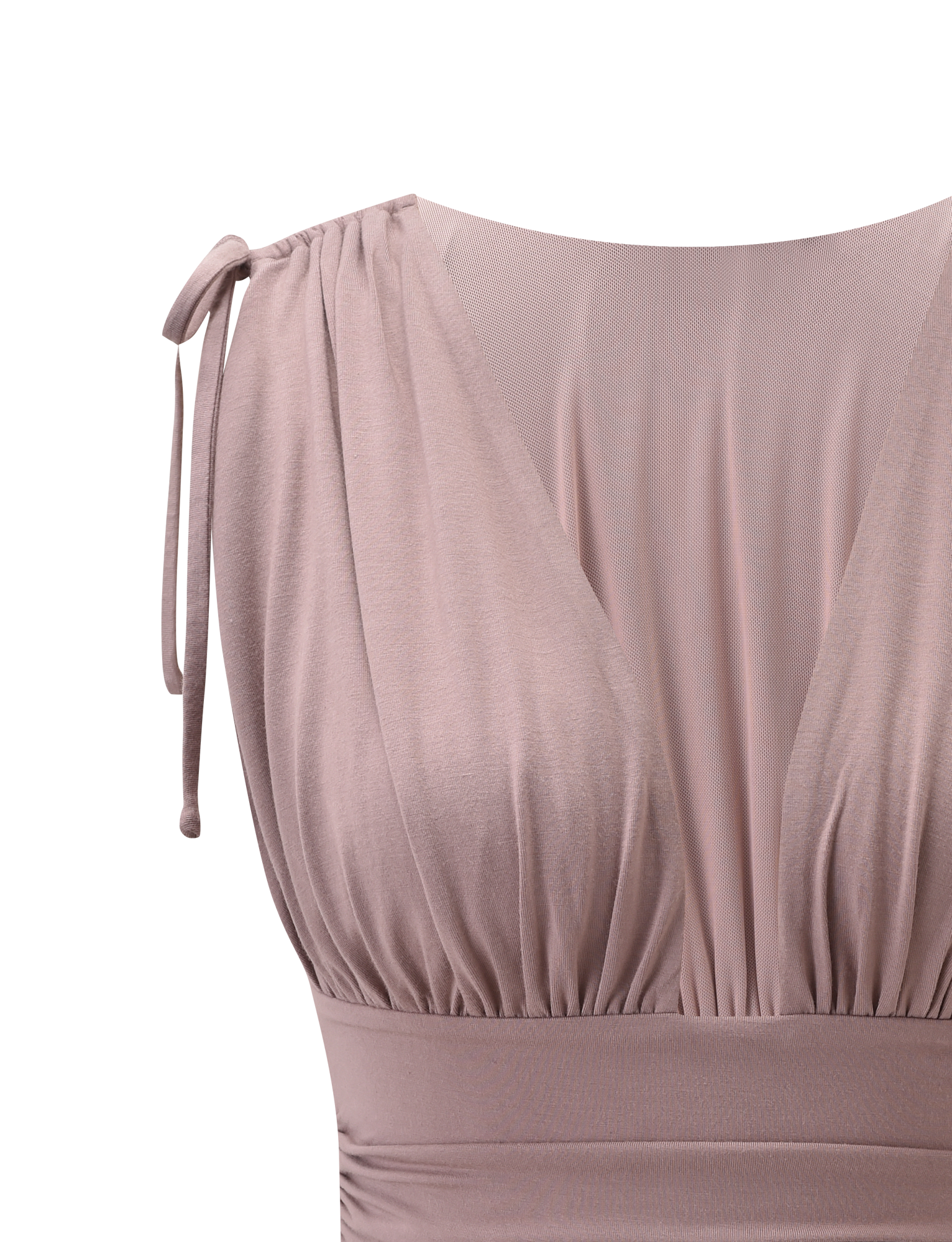 Close-up of the HALONA TOP in mocha by TIGERMIST, featuring a plunging neckline, ruched bodice, gathered shoulder fabric, and adjustable ties for a customizable fit.