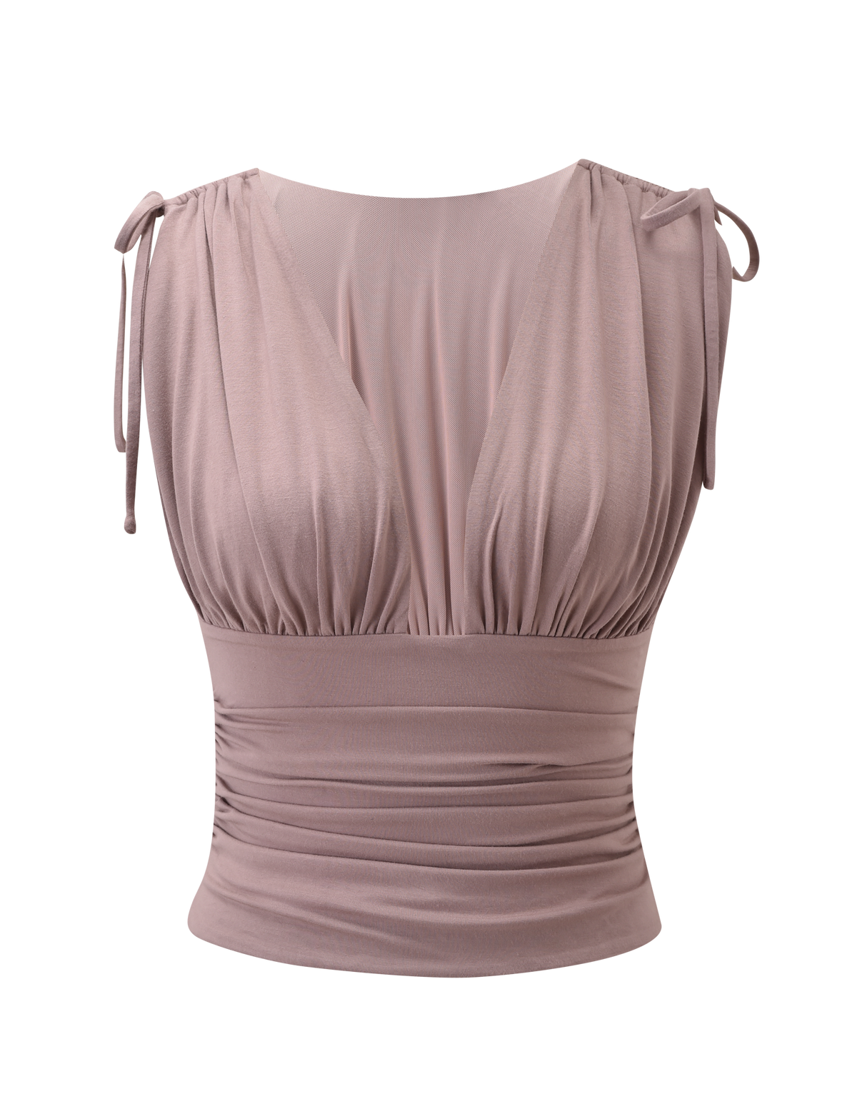 The HALONA TOP - MOCHA by TIGERMIST is a sleeveless crop top featuring a plunging neckline, ruched detailing at the bust and waist, plus adjustable shoulder ties, shown against a plain white background.