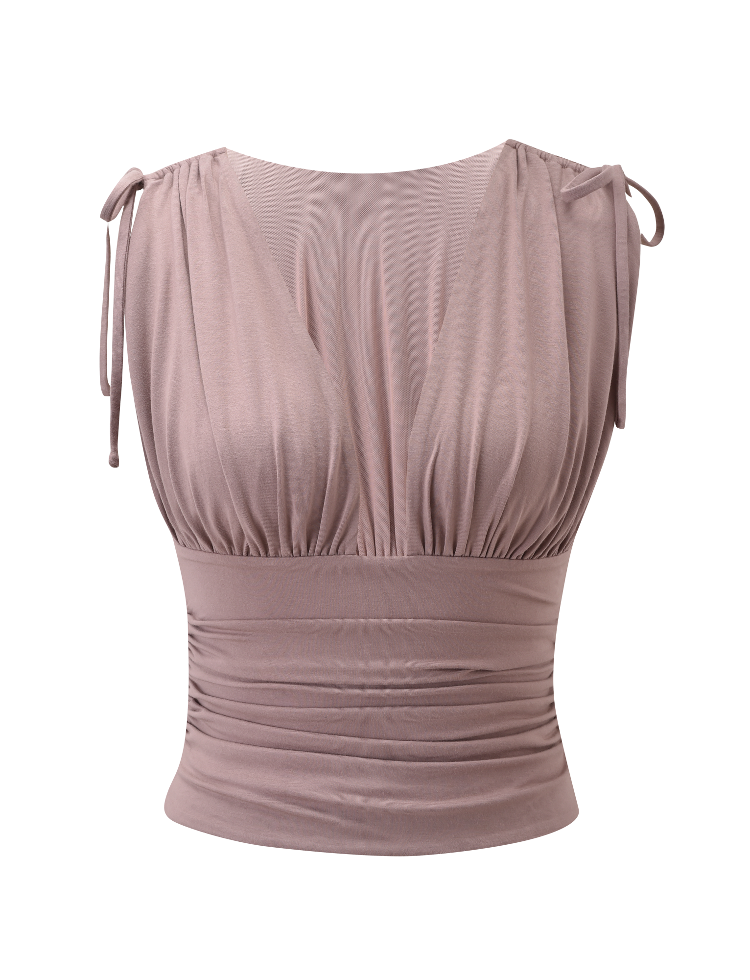The HALONA TOP - MOCHA by TIGERMIST is a sleeveless crop top featuring a plunging neckline, ruched detailing at the bust and waist, plus adjustable shoulder ties, shown against a plain white background.