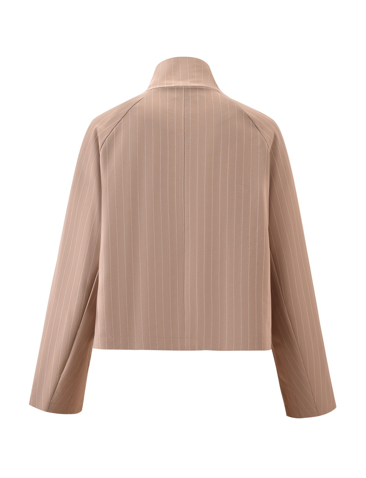 The TIGERMIST LENNEX JACKET - TAN PINSTRIPE is an oversized, long-sleeve tan jacket with white vertical stripes, a collar, and a straight cropped hem, shown from the back on a plain white background.