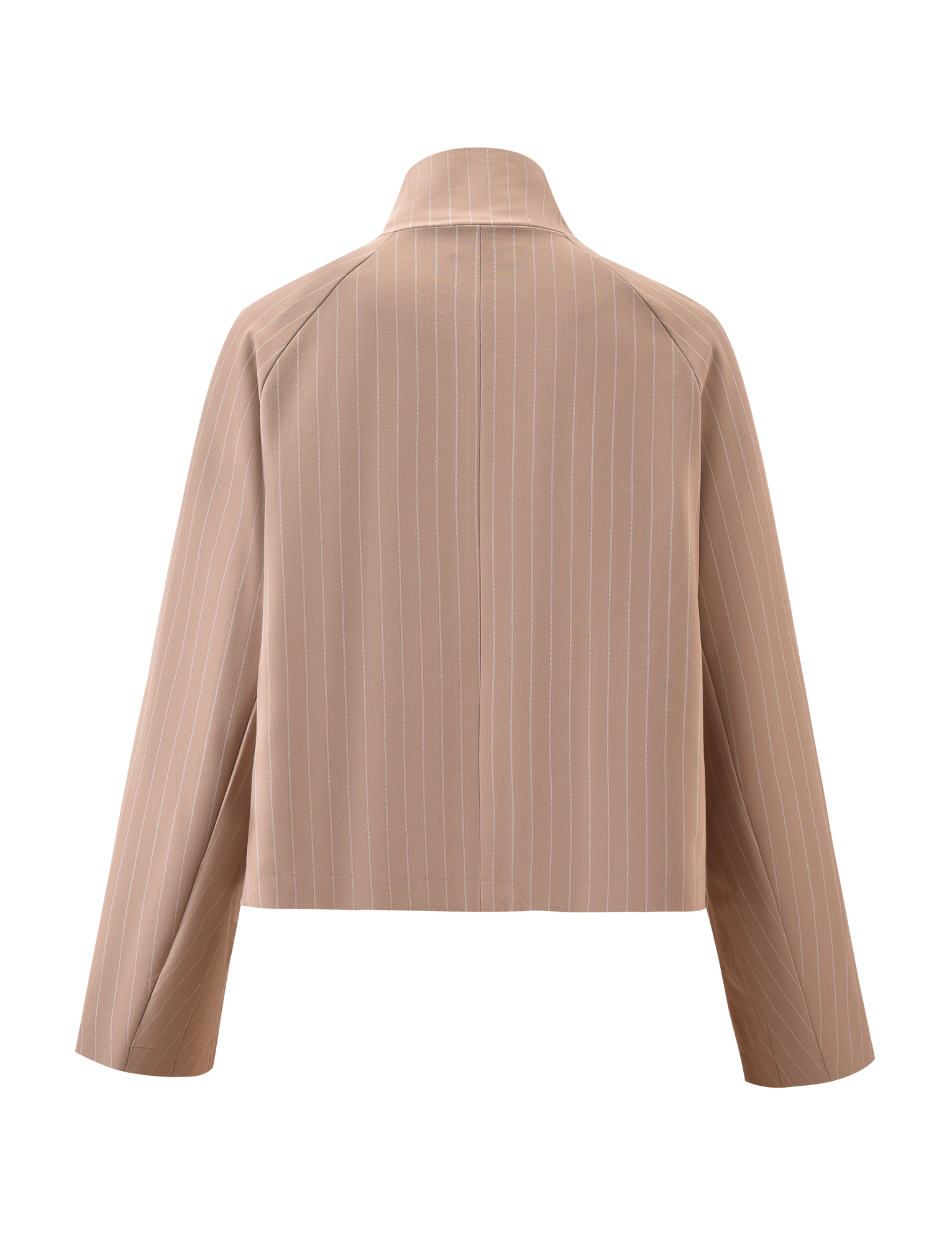 The TIGERMIST LENNEX JACKET - TAN PINSTRIPE is an oversized, long-sleeve tan jacket with white vertical stripes, a collar, and a straight cropped hem, shown from the back on a plain white background.