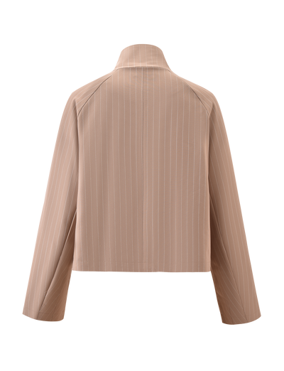 The TIGERMIST LENNEX JACKET - TAN PINSTRIPE is an oversized, long-sleeve tan jacket with white vertical stripes, a collar, and a straight cropped hem, shown from the back on a plain white background.