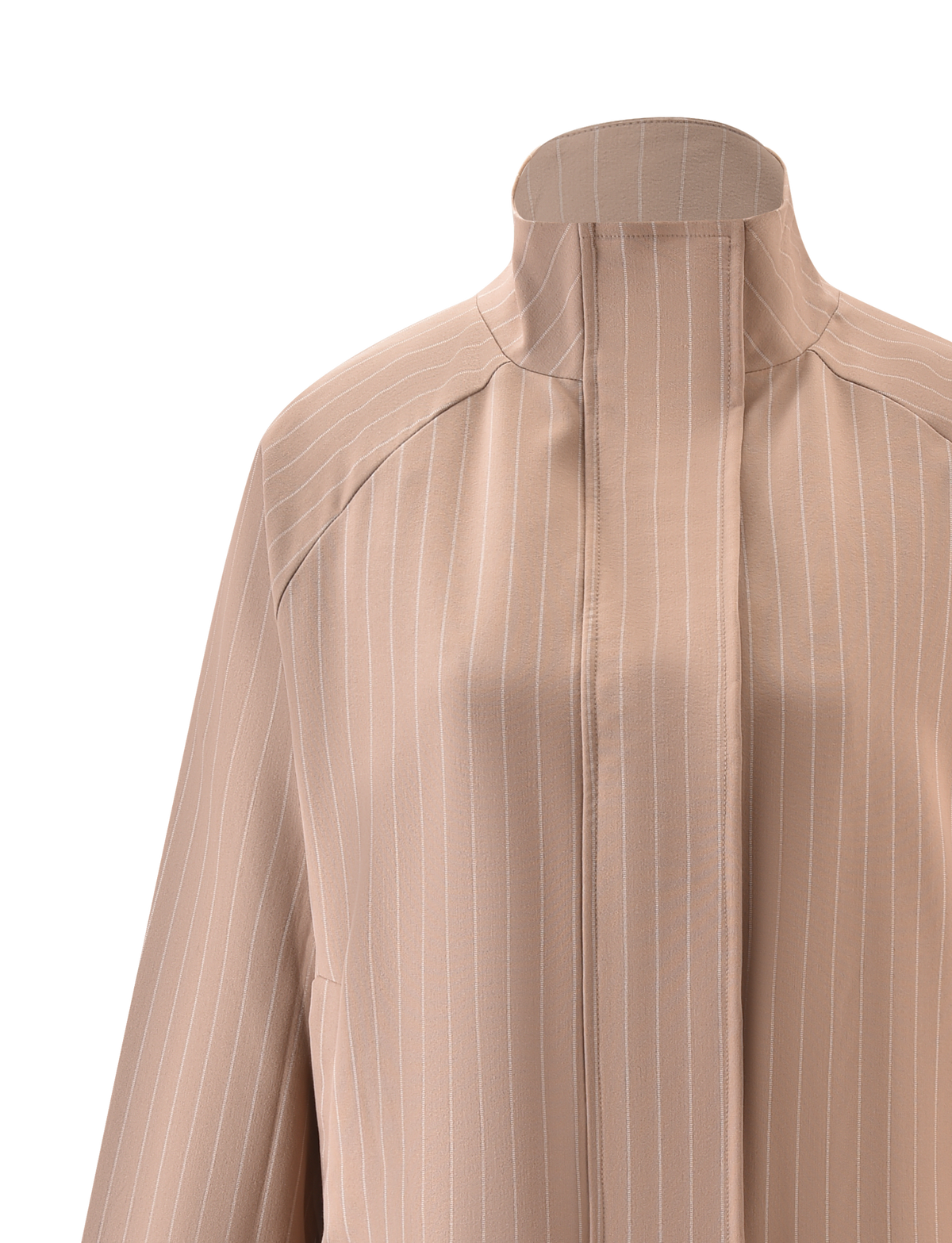 A close-up of the TIGERMIST LENNEX JACKET in tan pinstripe, showcasing its structured shoulders, sleek mock neck collar, and concealed button placket against a plain background.