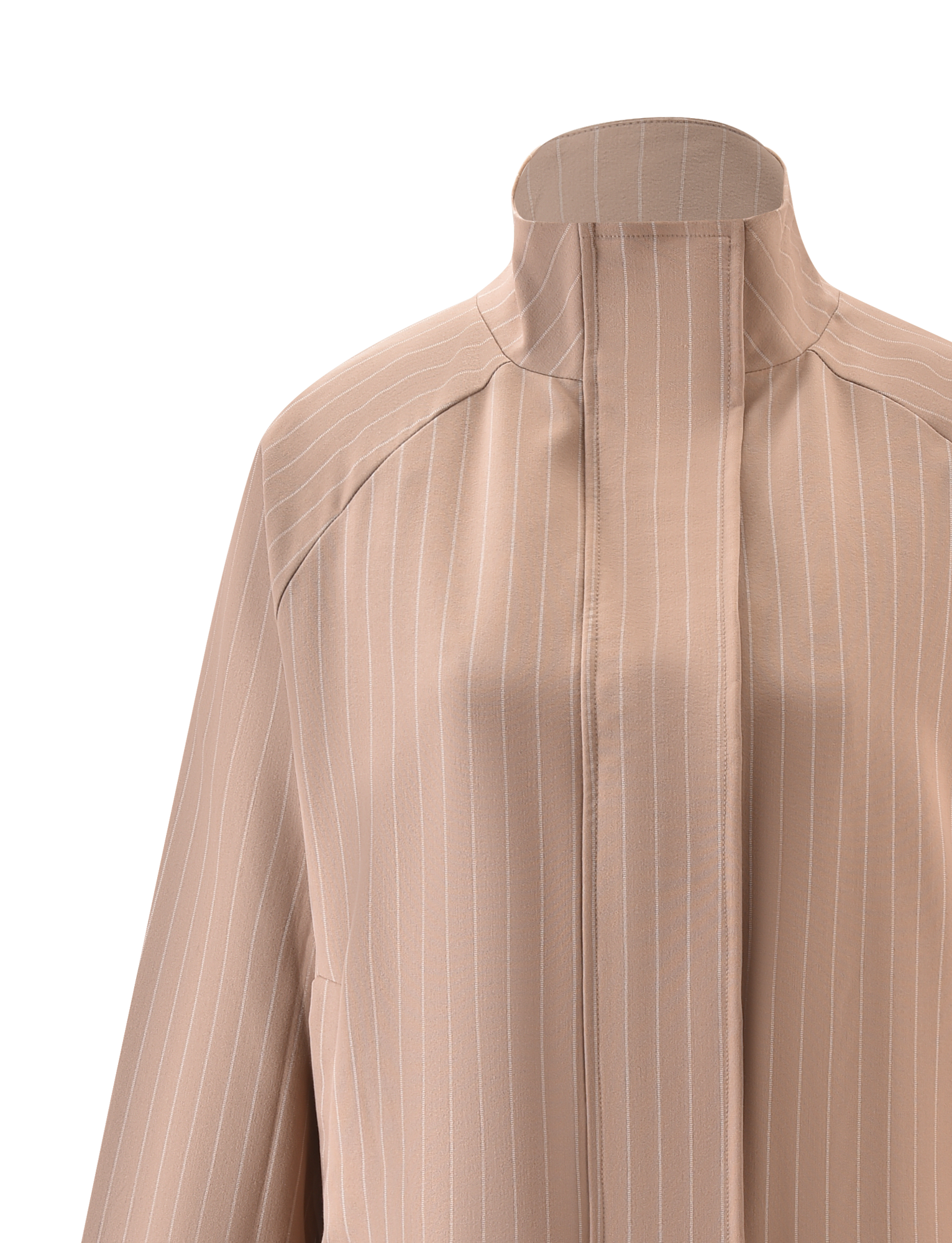 A close-up of the TIGERMIST LENNEX JACKET in tan pinstripe, showcasing its structured shoulders, sleek mock neck collar, and concealed button placket against a plain background.